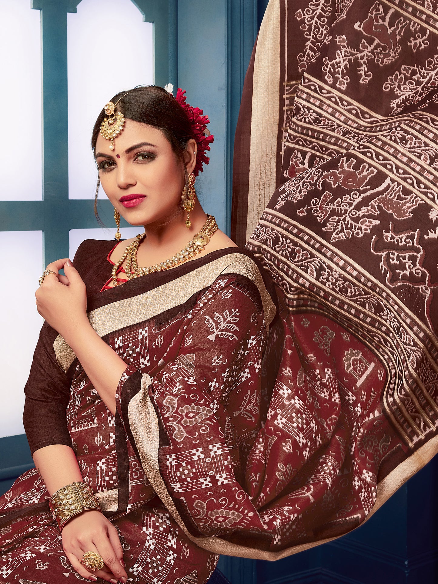 Women's Bhagalpuri Silk Brown Printed Designer Saree With Blouse Piece