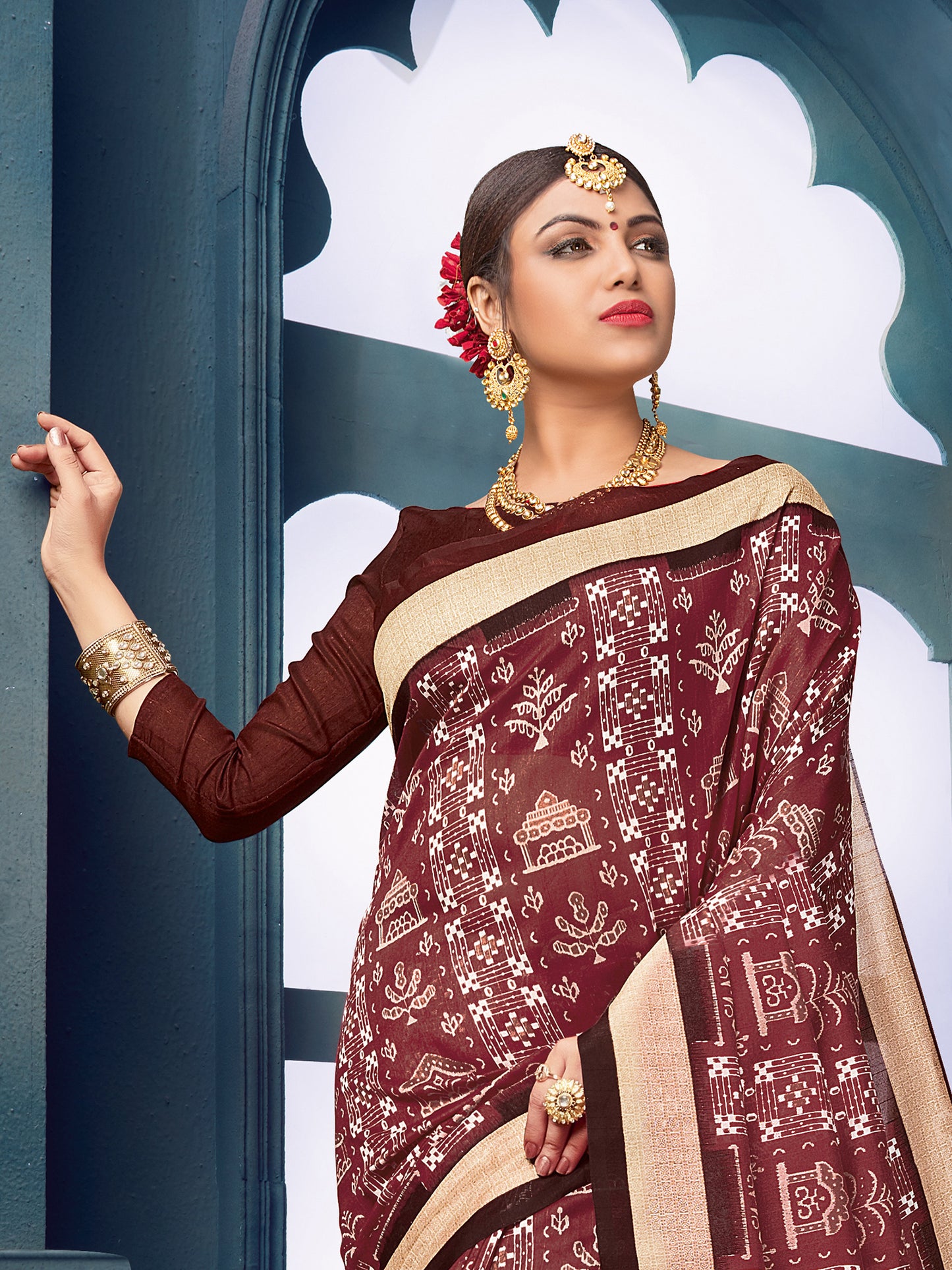 Women's Bhagalpuri Silk Brown Printed Designer Saree With Blouse Piece
