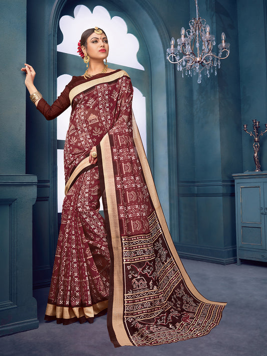 Women's Bhagalpuri Silk Brown Printed Designer Saree With Blouse Piece