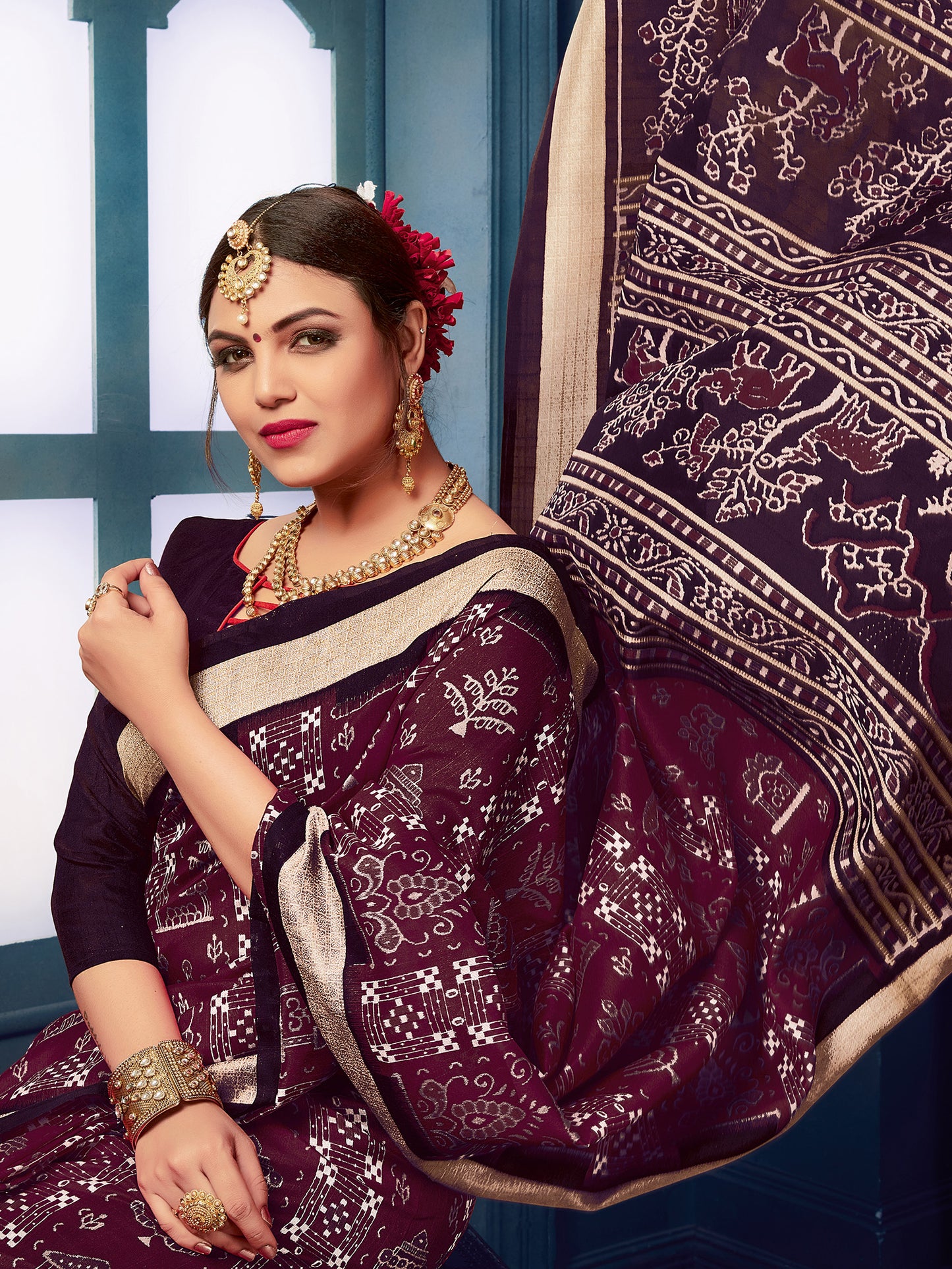 Women's Bhagalpuri Silk Burgundy Printed Designer Saree With Blouse Piece