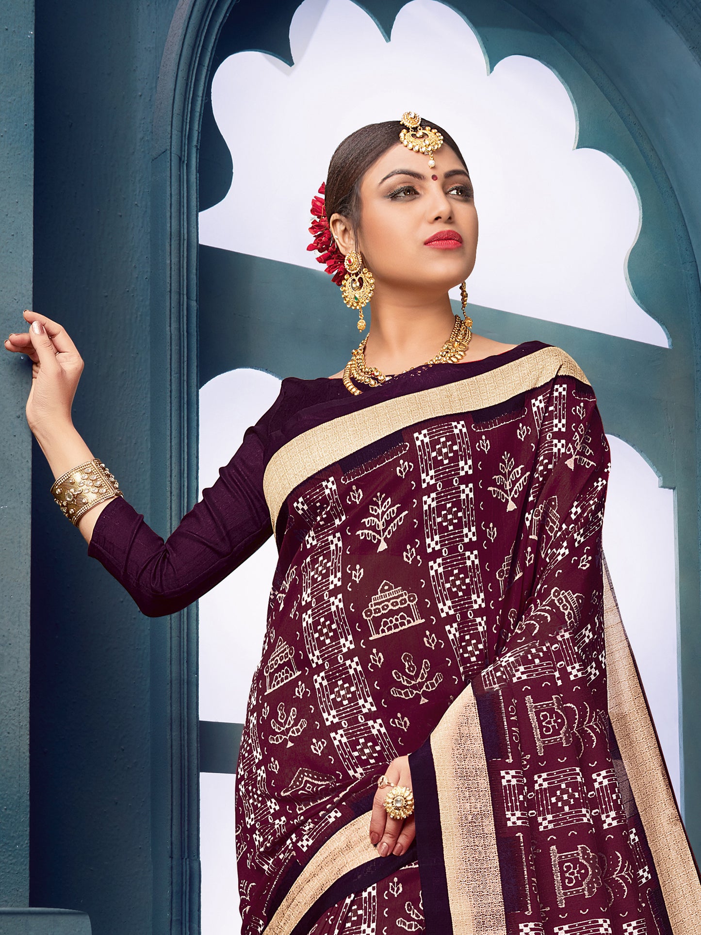 Women's Bhagalpuri Silk Burgundy Printed Designer Saree With Blouse Piece