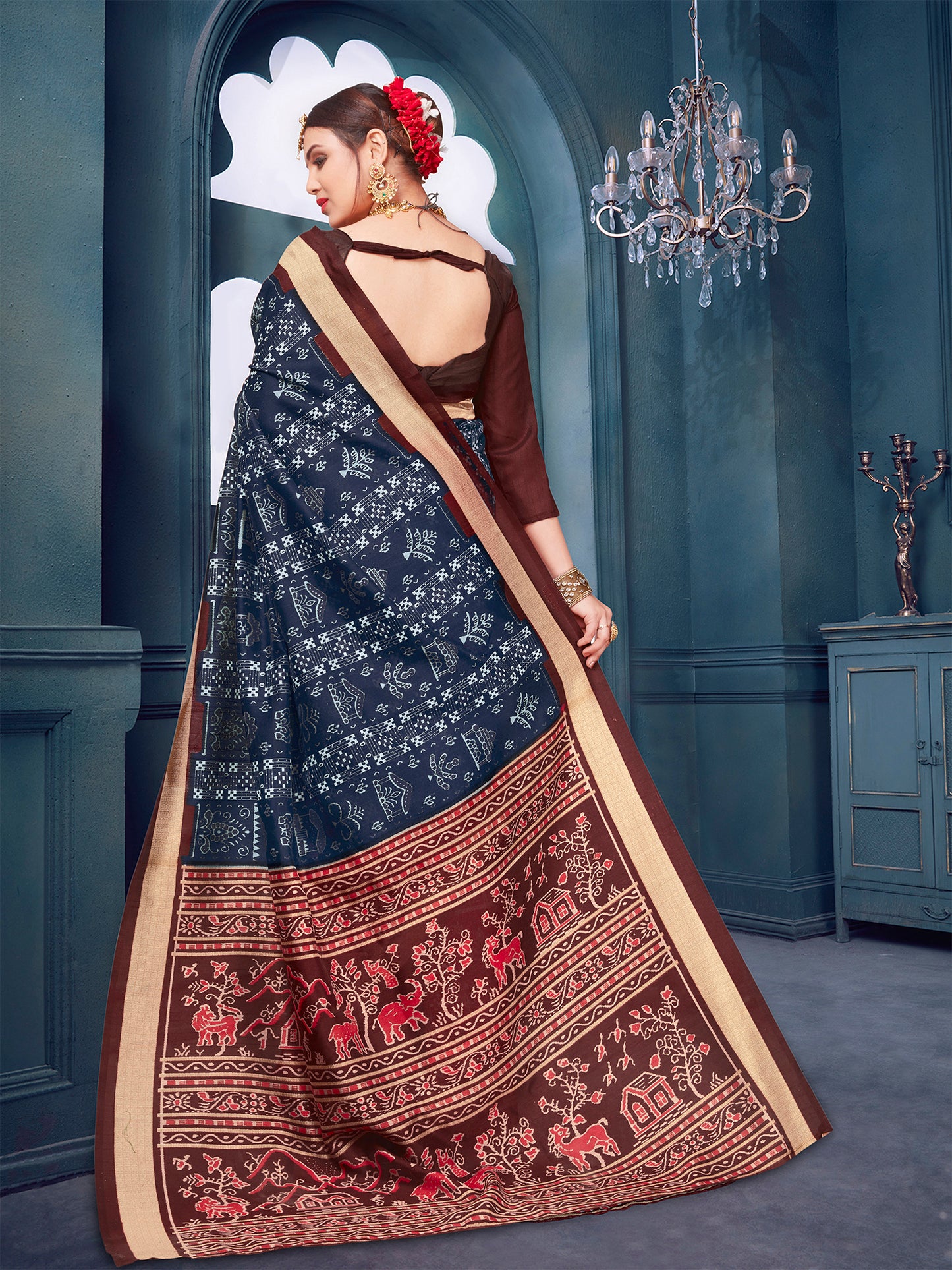 Women's Bhagalpuri Silk Navy Blue Printed Designer Saree With Blouse Piece