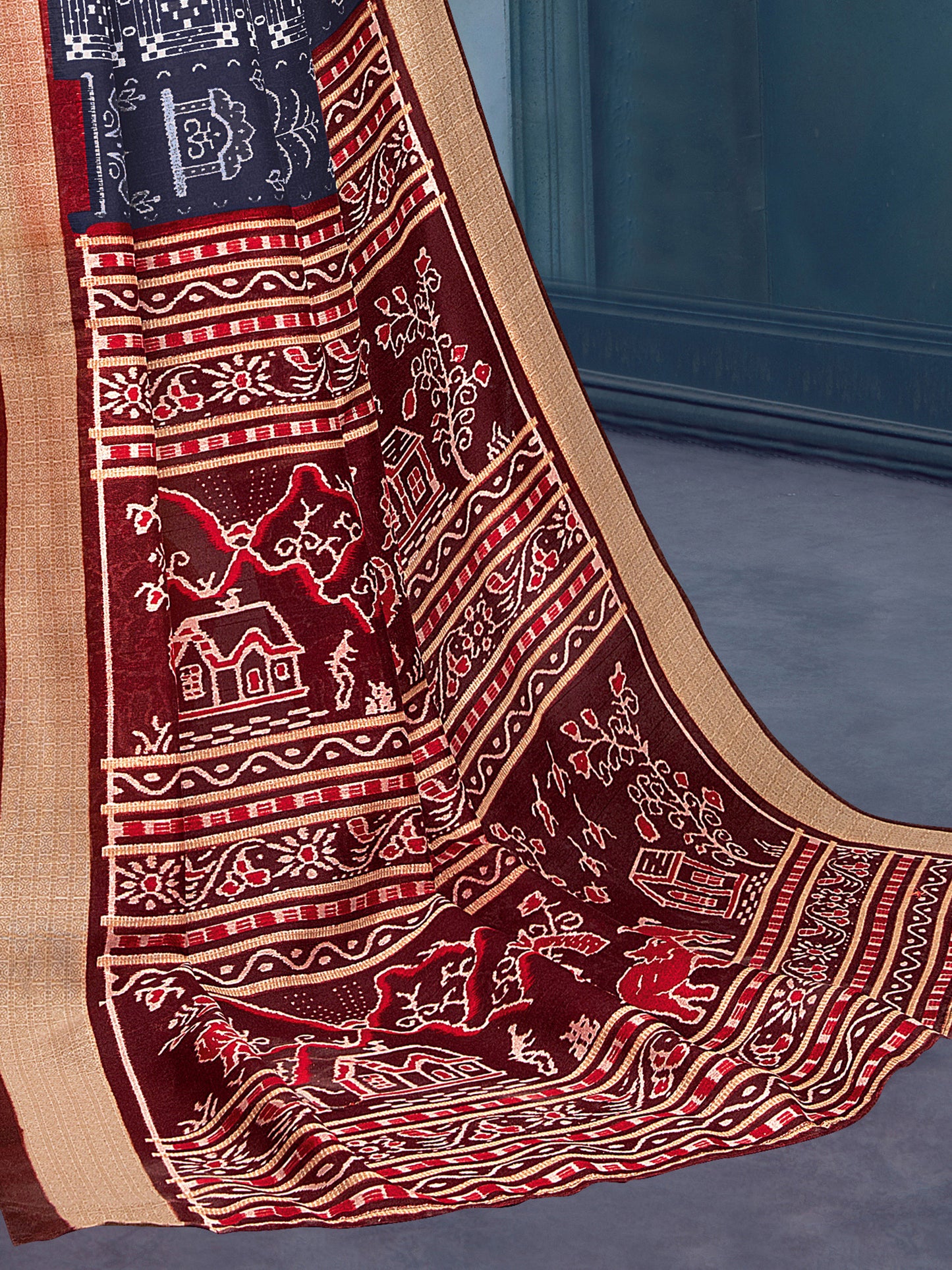 Women's Bhagalpuri Silk Navy Blue Printed Designer Saree With Blouse Piece