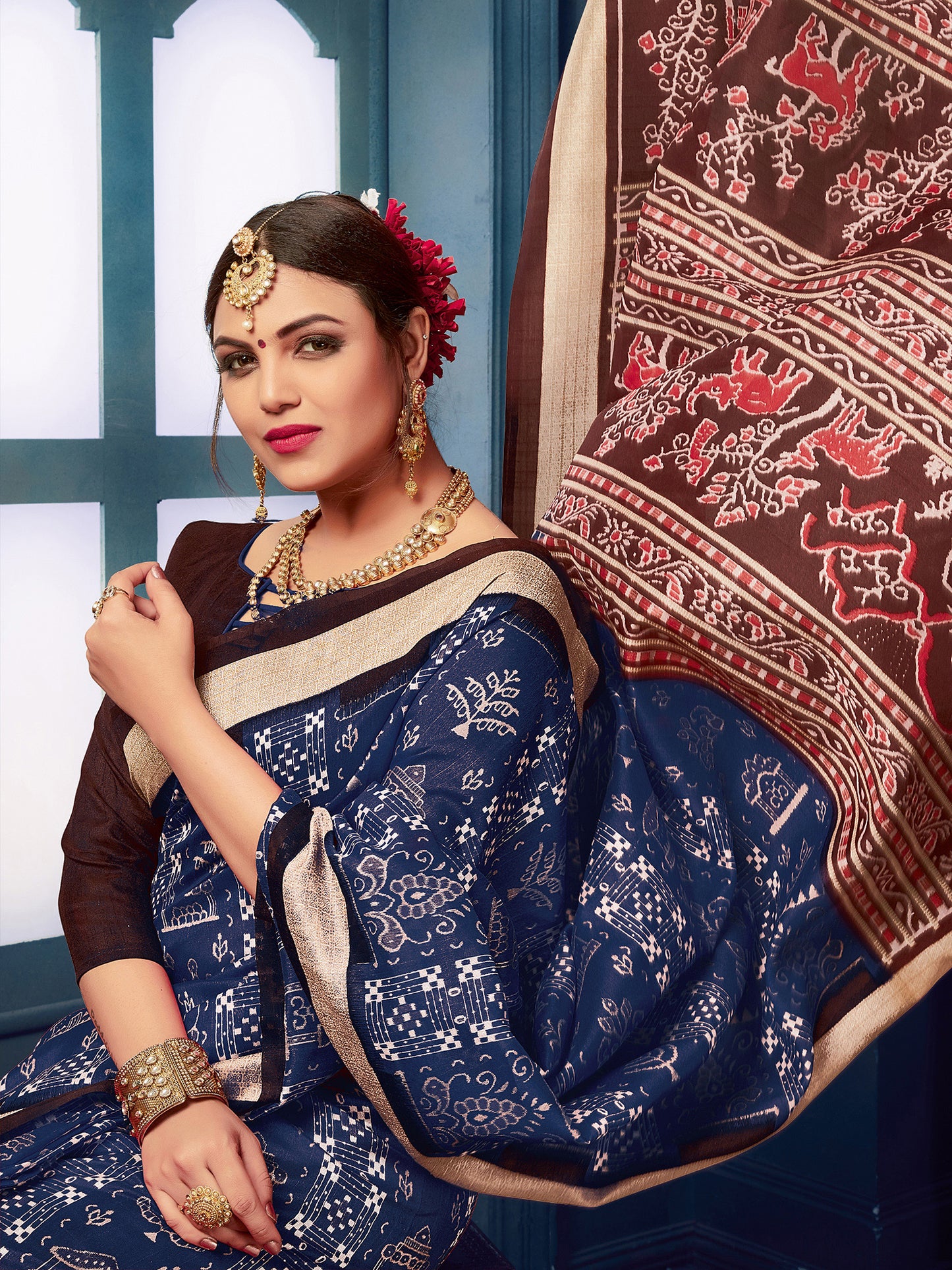 Women's Bhagalpuri Silk Navy Blue Printed Designer Saree With Blouse Piece