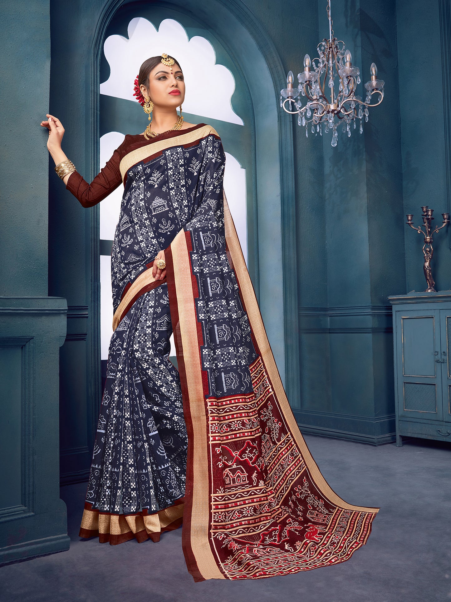 Women's Bhagalpuri Silk Navy Blue Printed Designer Saree With Blouse Piece