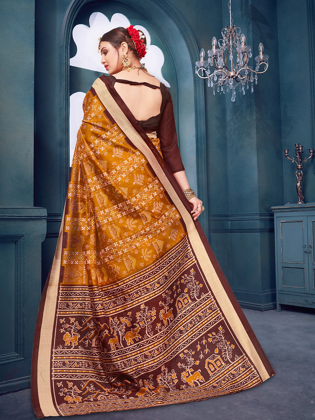 Women's Bhagalpuri Silk Mustard Printed Designer Saree With Blouse Piece