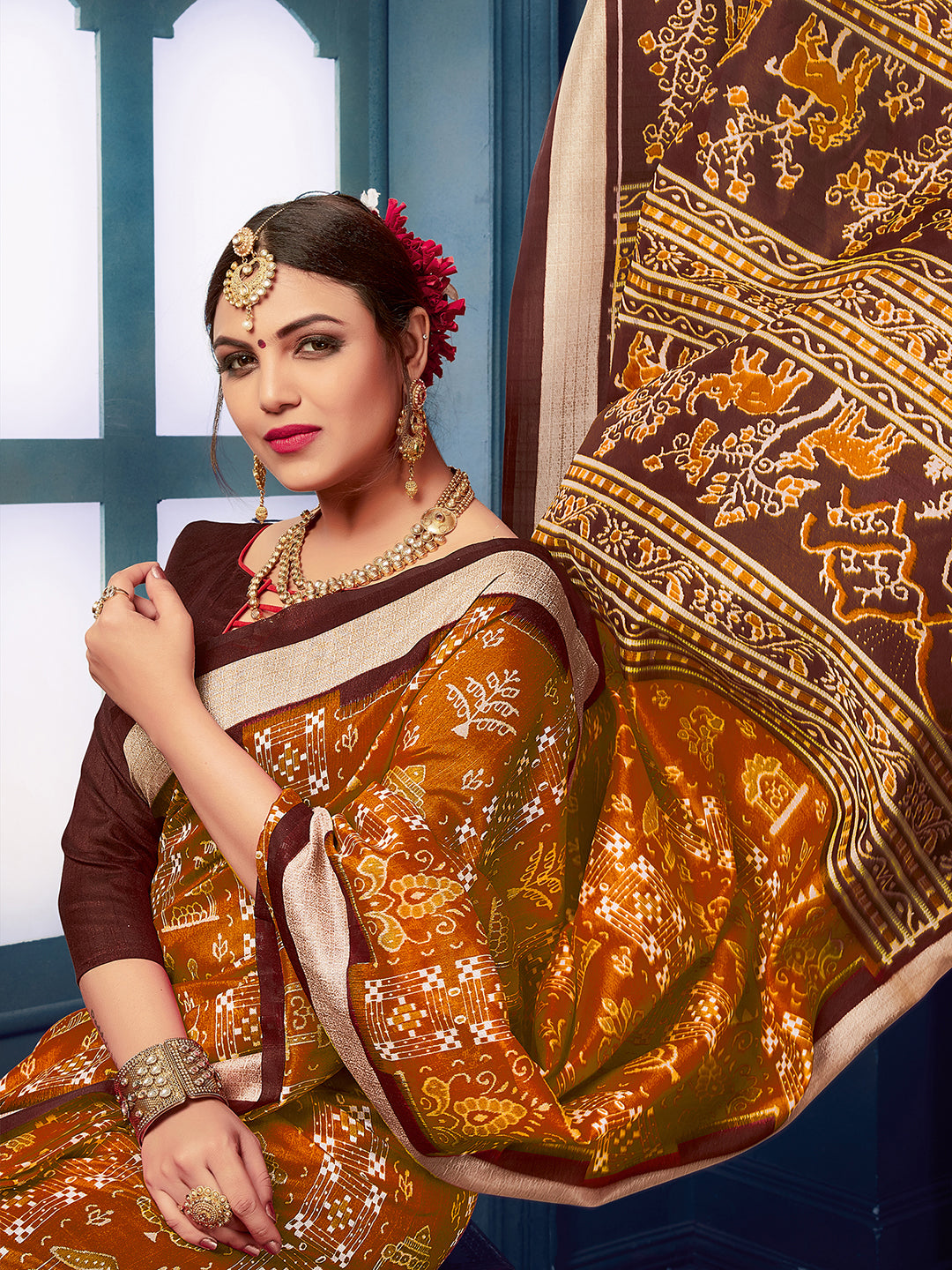 Women's Bhagalpuri Silk Mustard Printed Designer Saree With Blouse Piece