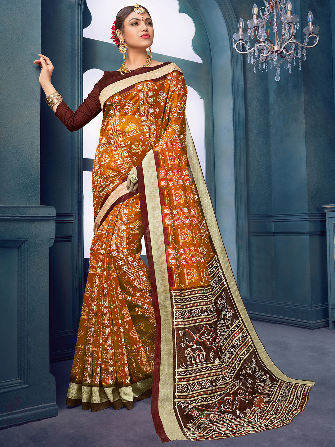 Women's Bhagalpuri Silk Mustard Printed Designer Saree With Blouse Piece