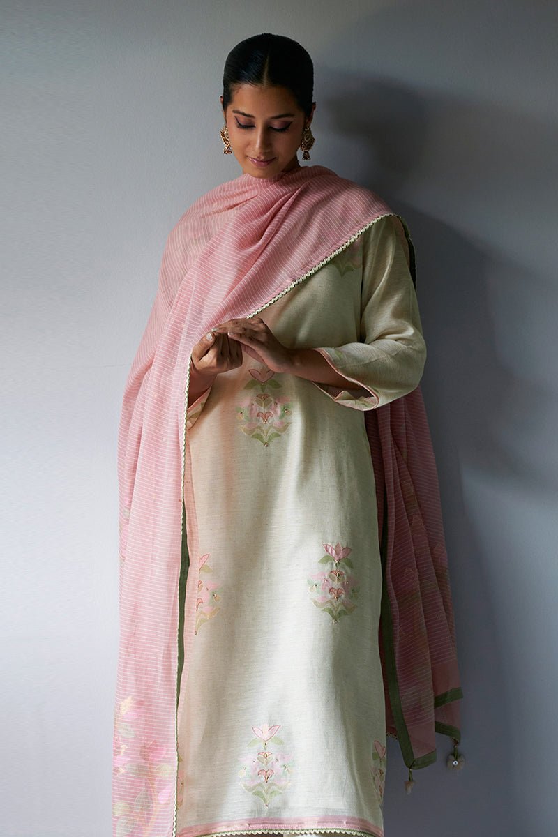 Women's Birch Cream Cotton Linen Woven Kurta Suit Set With Hand Work Detailing