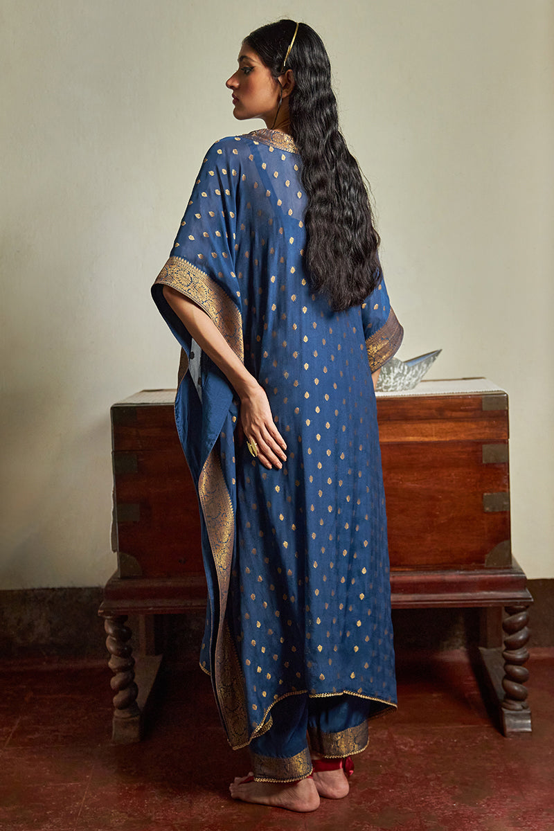 Women's Blue Opal Bemberg Chinon Silk Woven Kaftan Set
