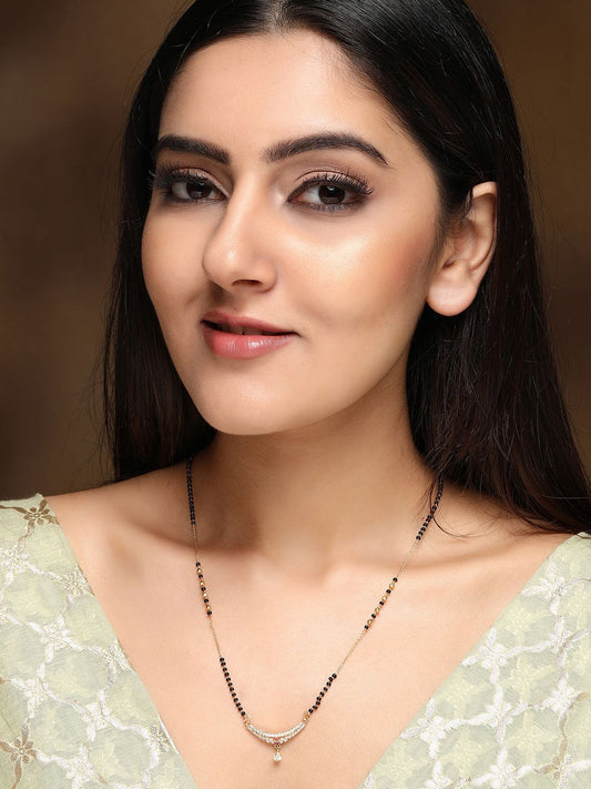 Dhiyona RJ Women's 18K Gold Plated AD & CZ Studded with Gold & Black Beads Mangalsutra Necklace