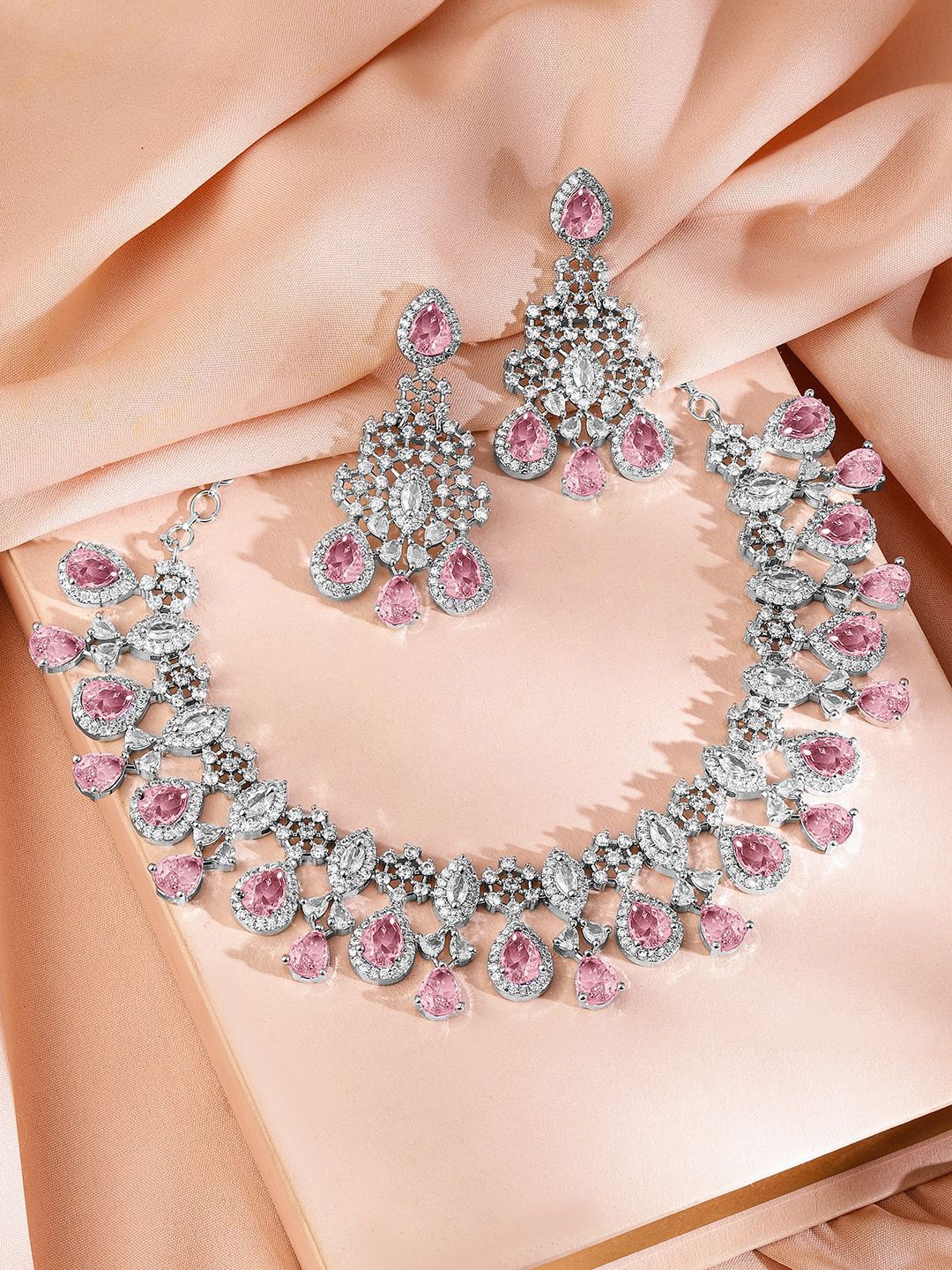 Dhiyona RJ Women's Rhodium-Plated Pink AD & Cubic Zirconia Studded Statement Necklace Set