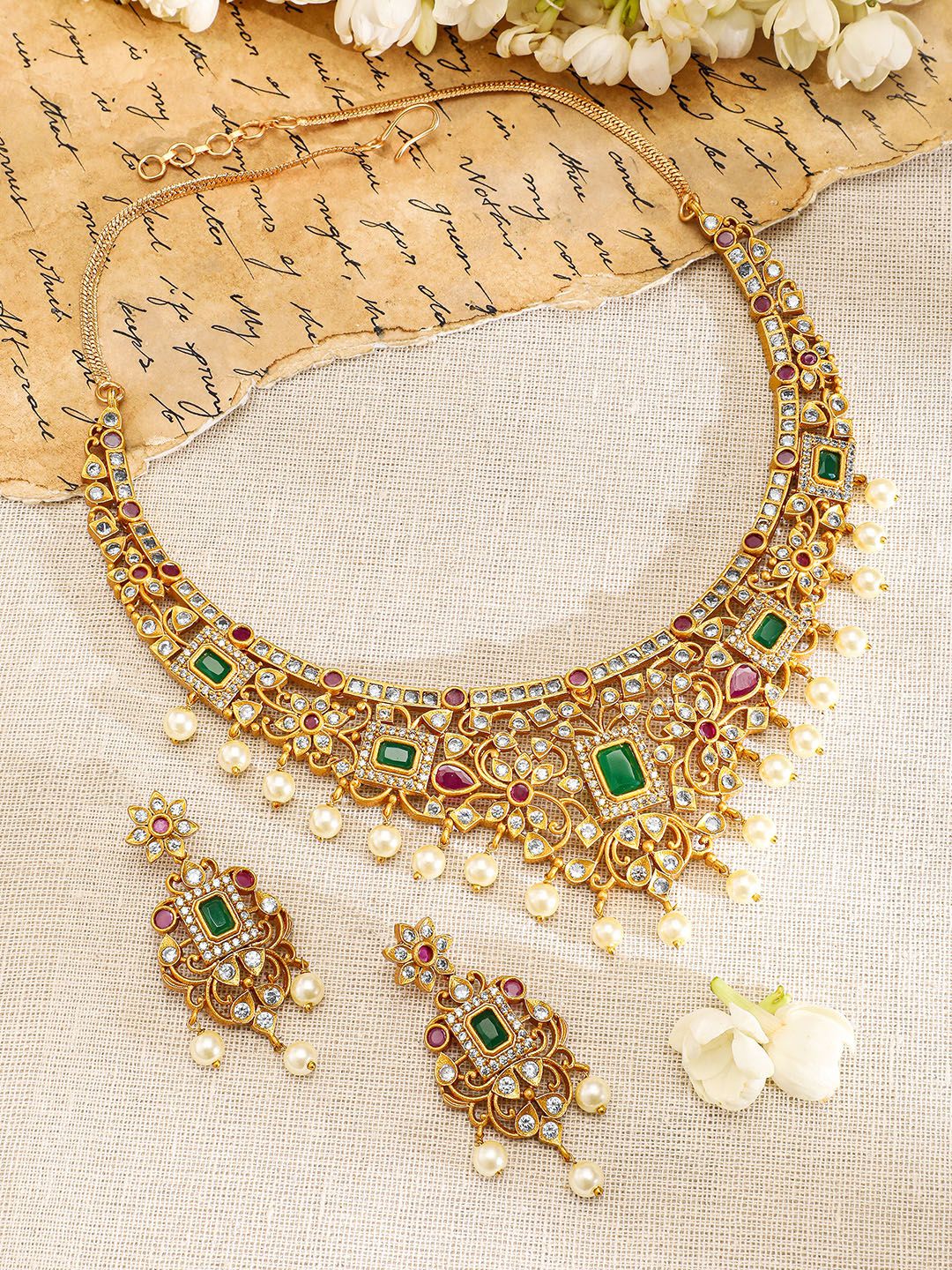 Dhiyona RJ Women's 22K Gold Plated Ruby & Emerald Kundan CZ Studded with Gold Beaded Jewellery Set