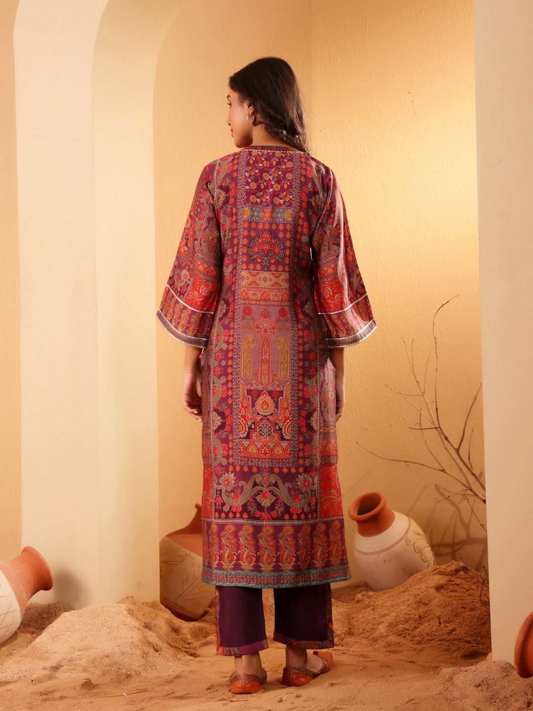Dhiyona VA Women'sEthnic Motifs Printed Gotta Patti Chanderi Silk Kurta With Trousers