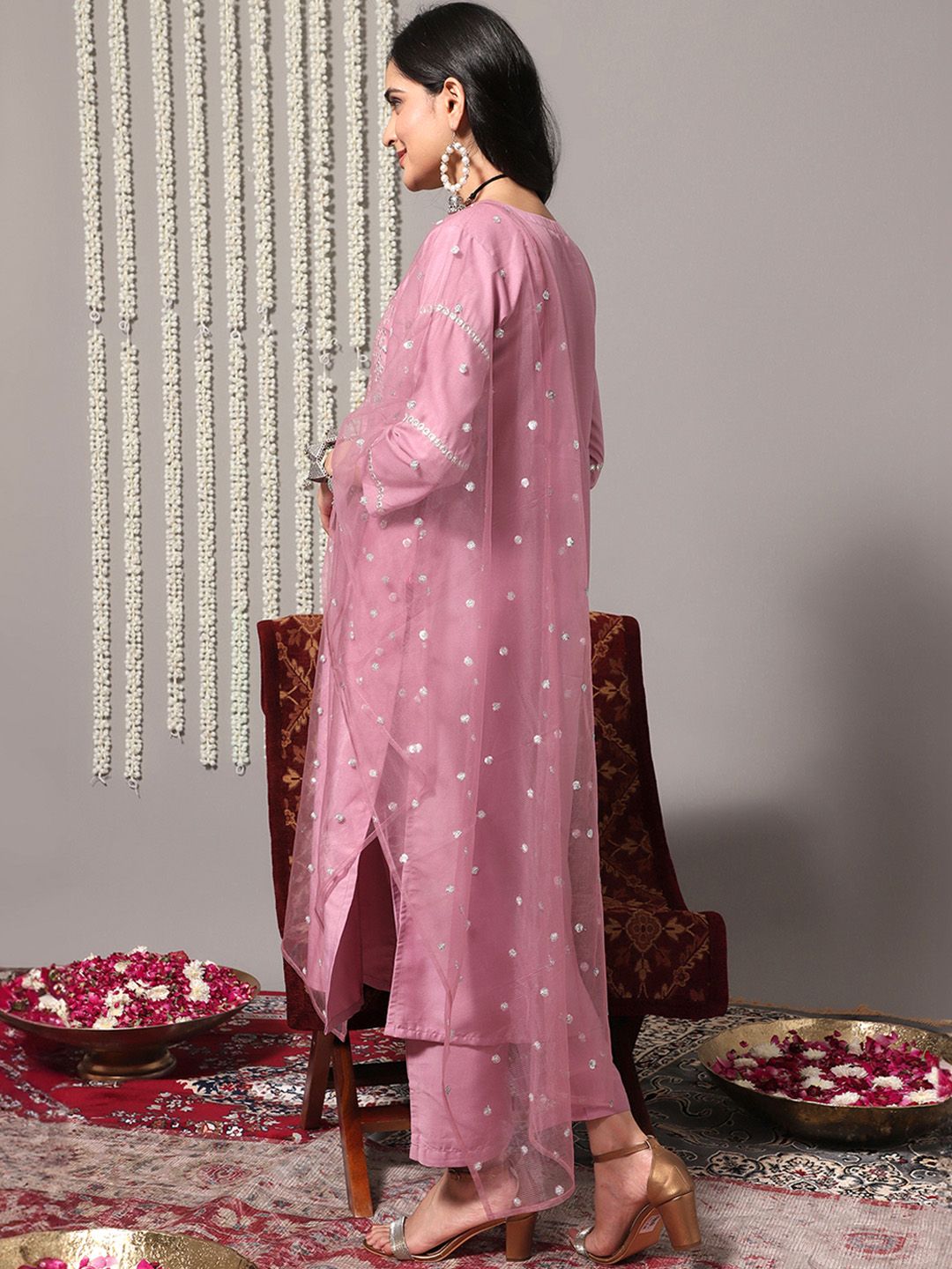 Dhiyona VA Women's Pink & Silver-Toned Yoke Design Kurta with Palazzos & Dupatta
