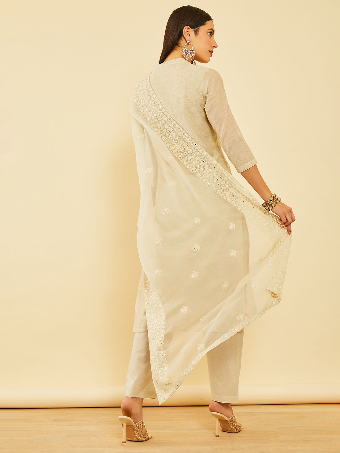 Dhiyona SO Women's Beige Floral Embroidered Chanderi Silk Straight Kurta With Trousers & Dupatta