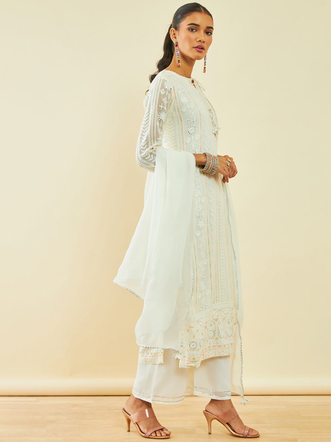 Dhiyona SO Women's Off White Floral Embroidered Georgette Sequinned Kurta with Palazzos & With Dupatta
