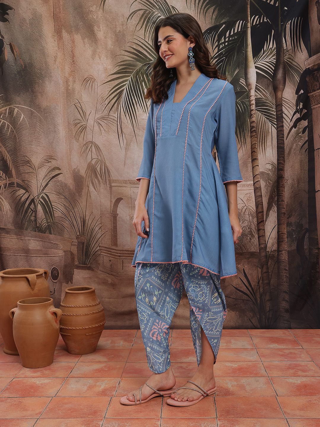 Dhiyona SN Women's Panelled Gotta Patti Pure Cotton Kurta With Dhoti Pants & Scarf