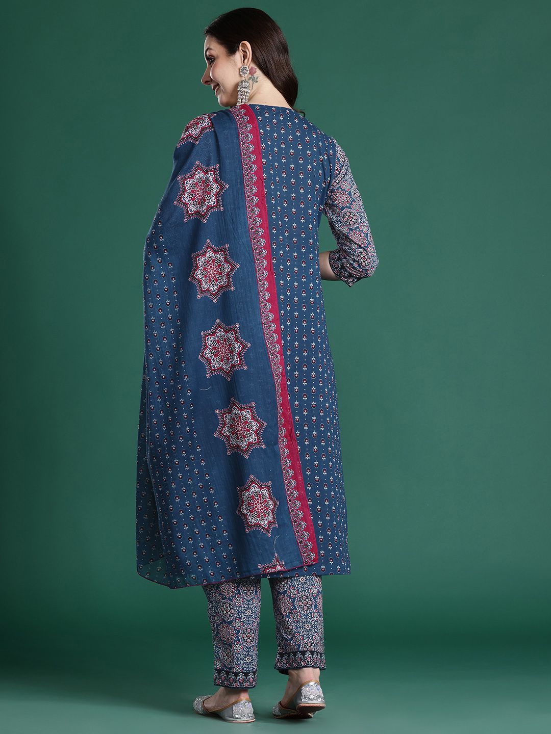 Ethnic Motifs Printed Mirror Work Pure Cotton Kurta with Trousers & With Dupatta