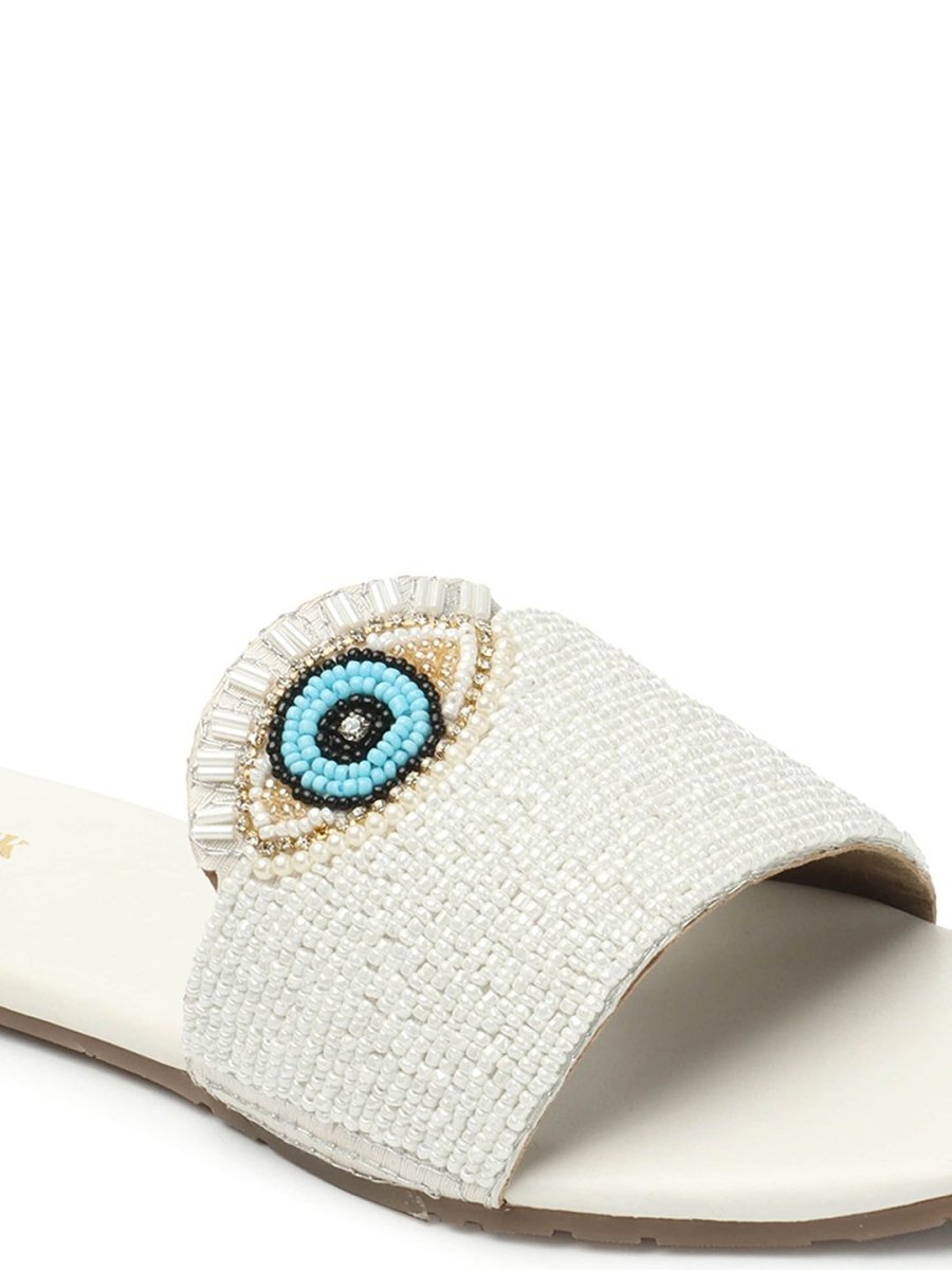 Dhiyona AK White & Blue Evil Eye Embellished Classic Open Toe Flats