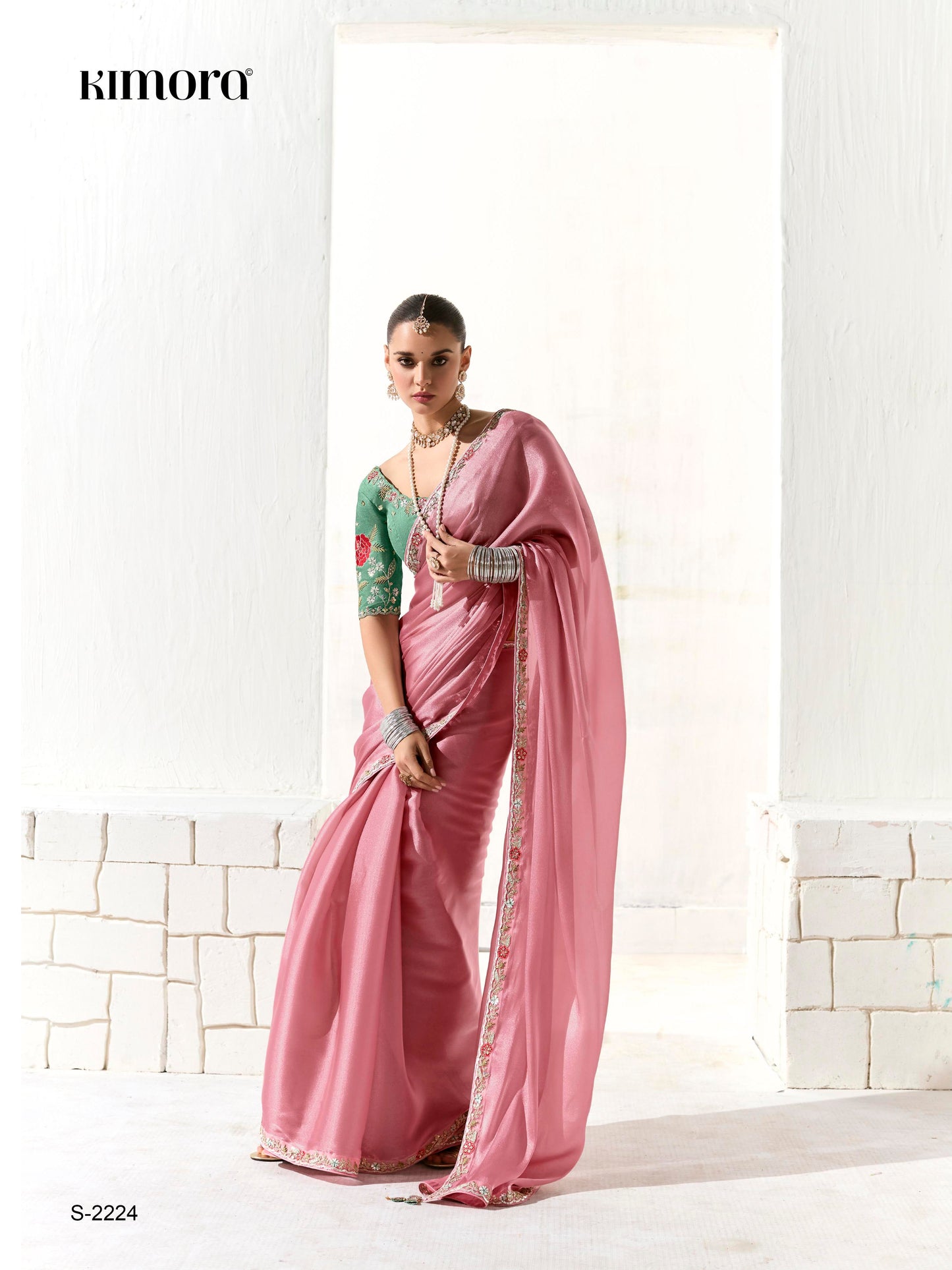 Dhiyona KM Women Pink Silk Organza Saree With Green Blouse