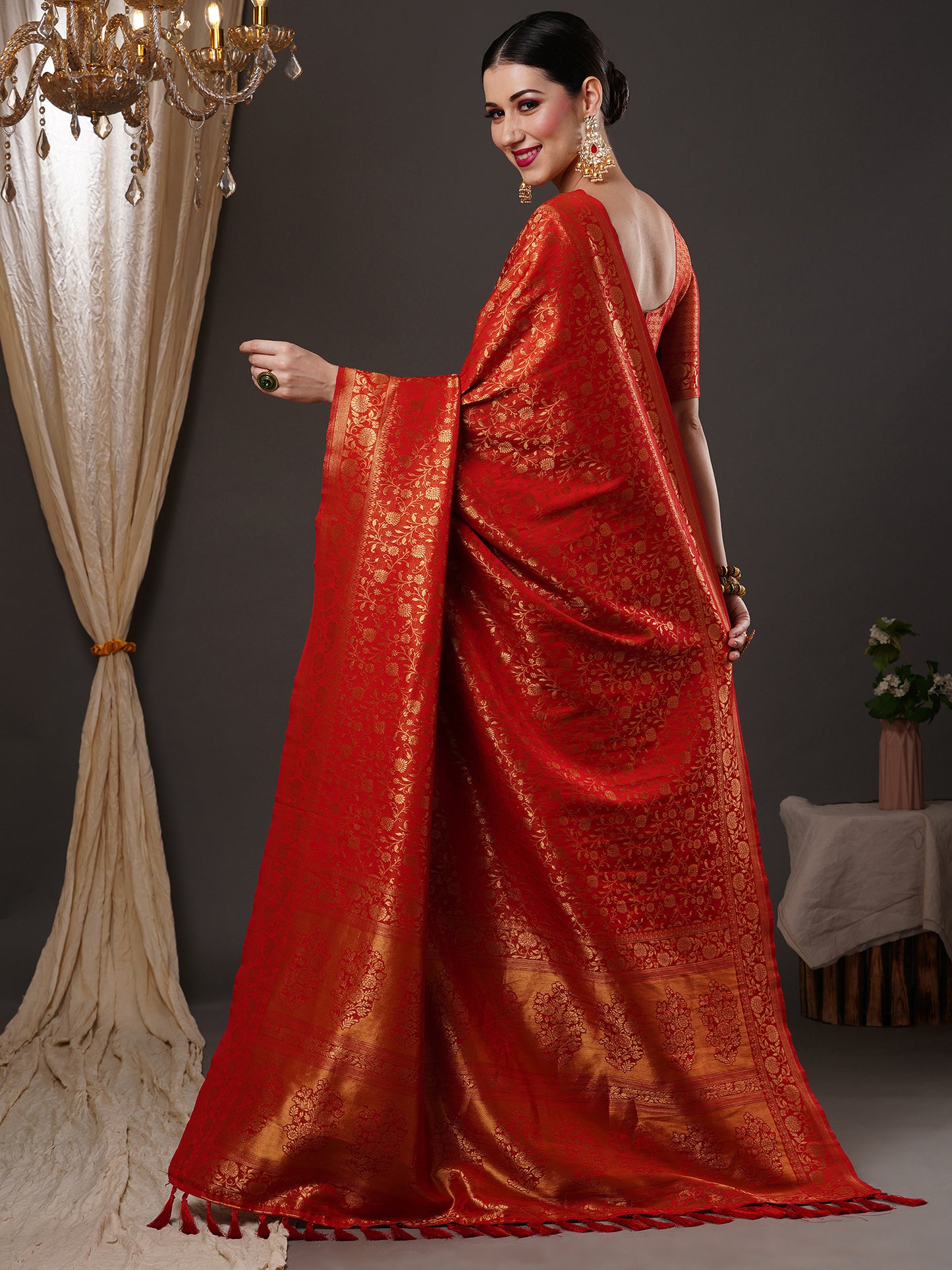 Women's Silk Blend Red Woven Design Designer Saree With Blouse Piece