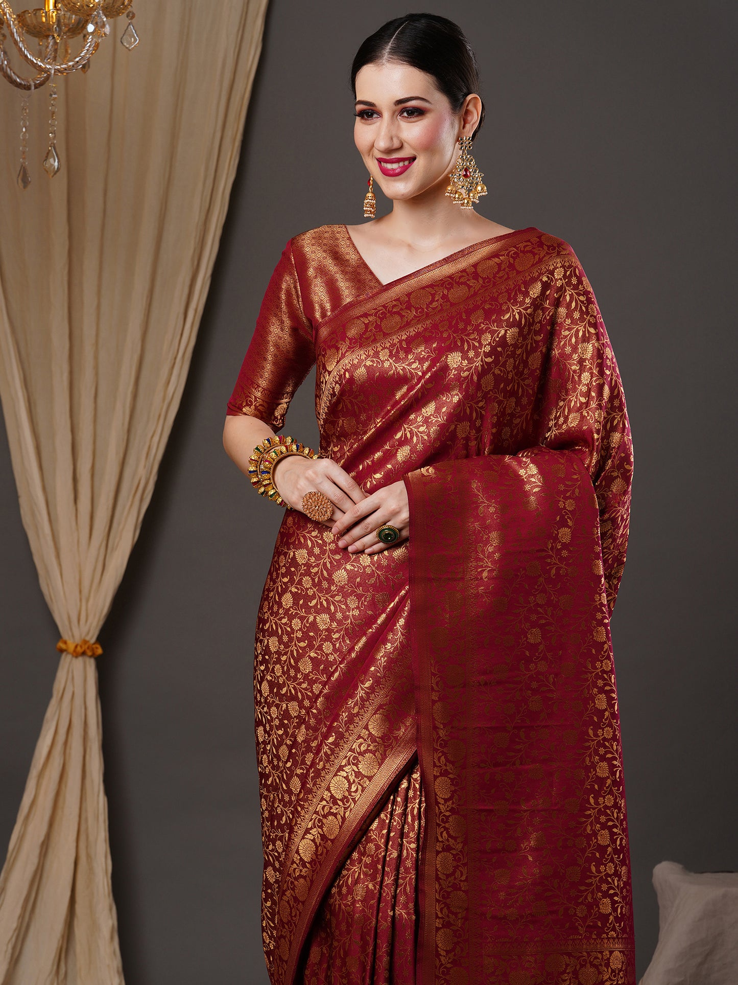 Women's Silk Blend Burgundy Woven Design Designer Saree With Blouse Piece