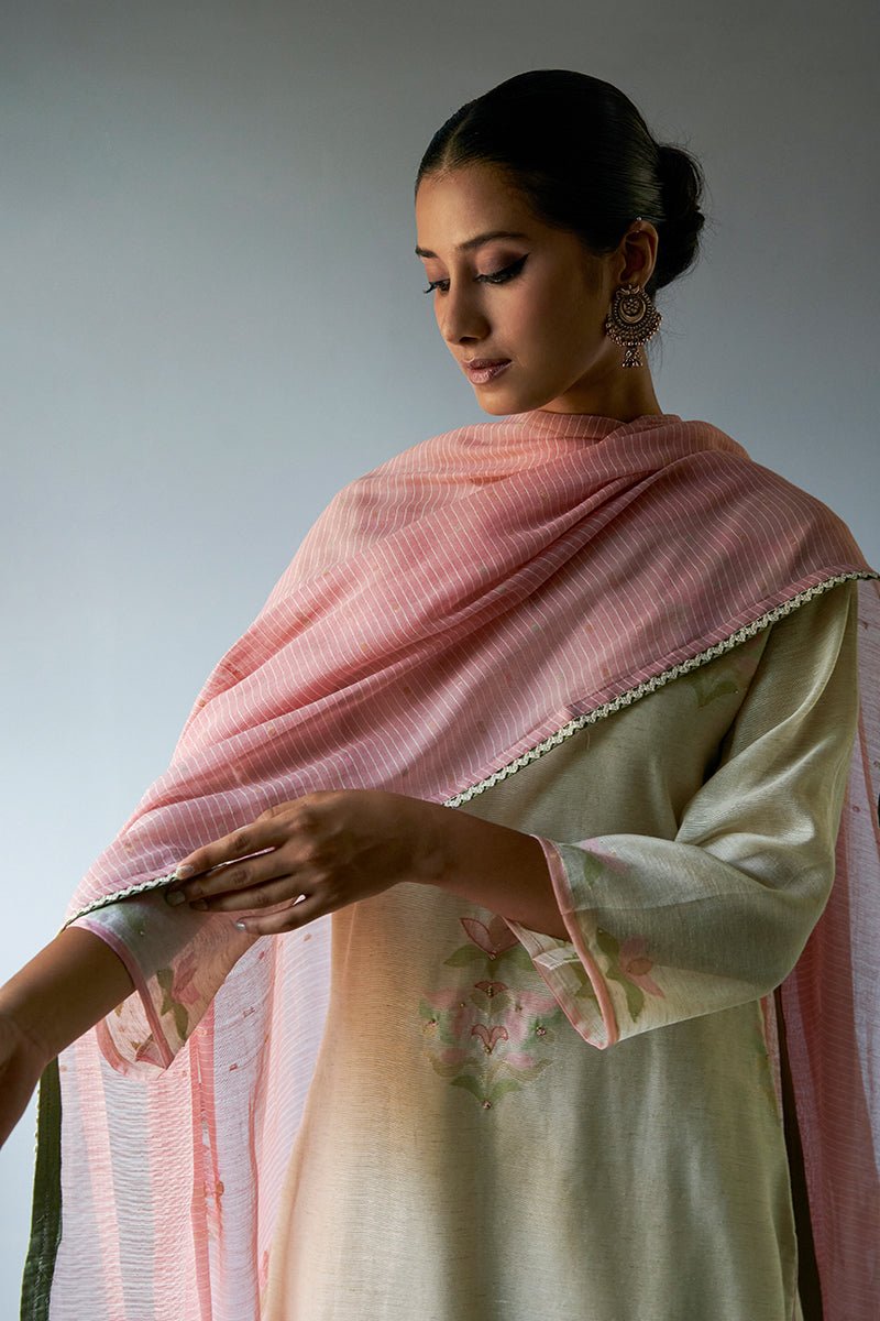 Women's Birch Cream Cotton Linen Woven Kurta Suit Set With Hand Work Detailing