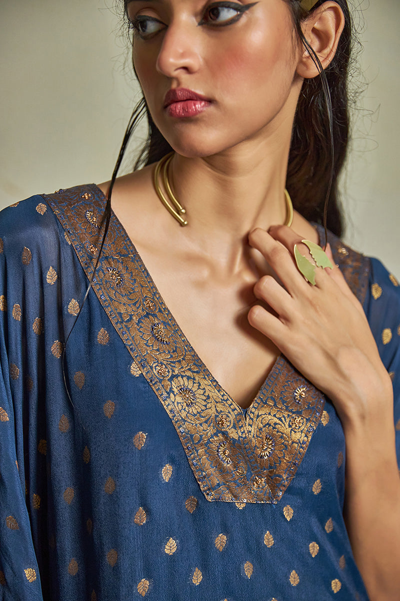 Women's Blue Opal Bemberg Chinon Silk Woven Kaftan Set