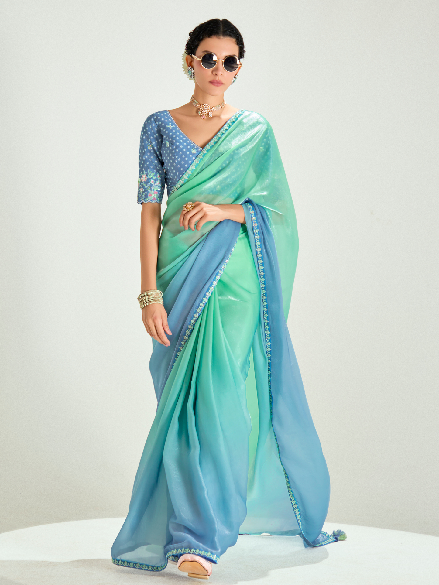 Dhiyona KM Women Sky Blue Shade Organza Saree