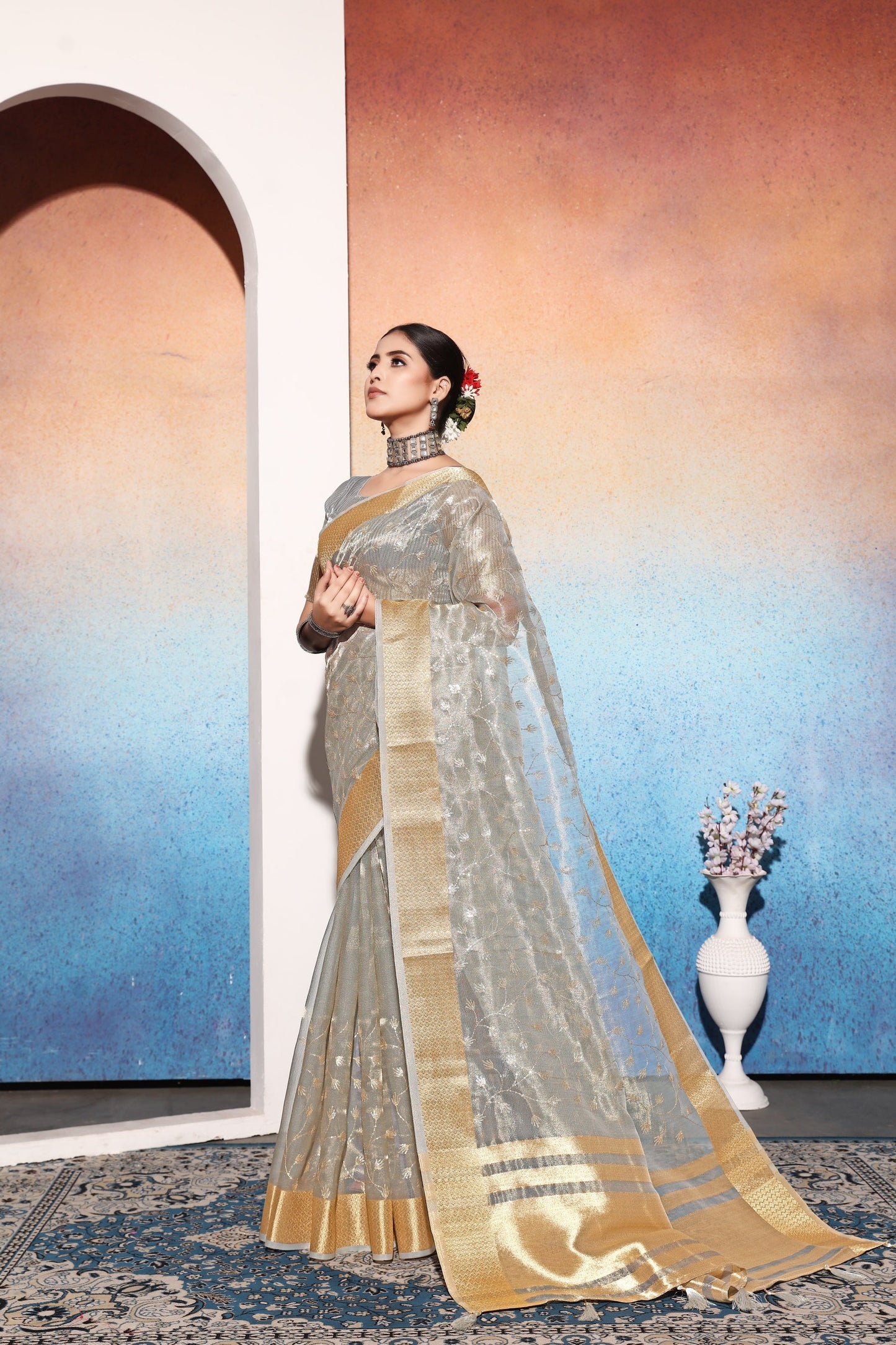 Dhiyona GR Women's Amani Grey Tissue Cotton Silk Embroidered Saree