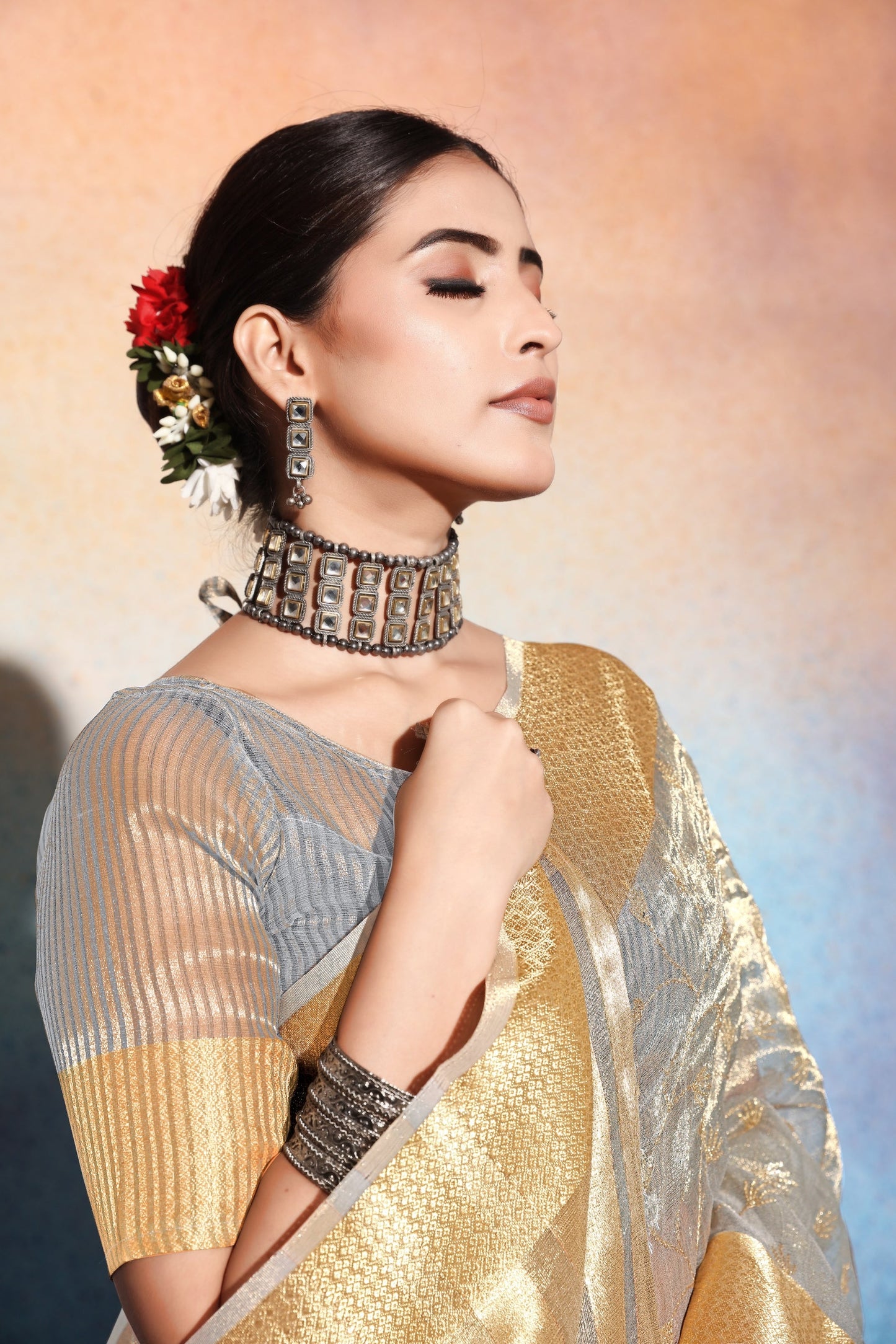 Dhiyona GR Women's Amani Grey Tissue Cotton Silk Embroidered Saree