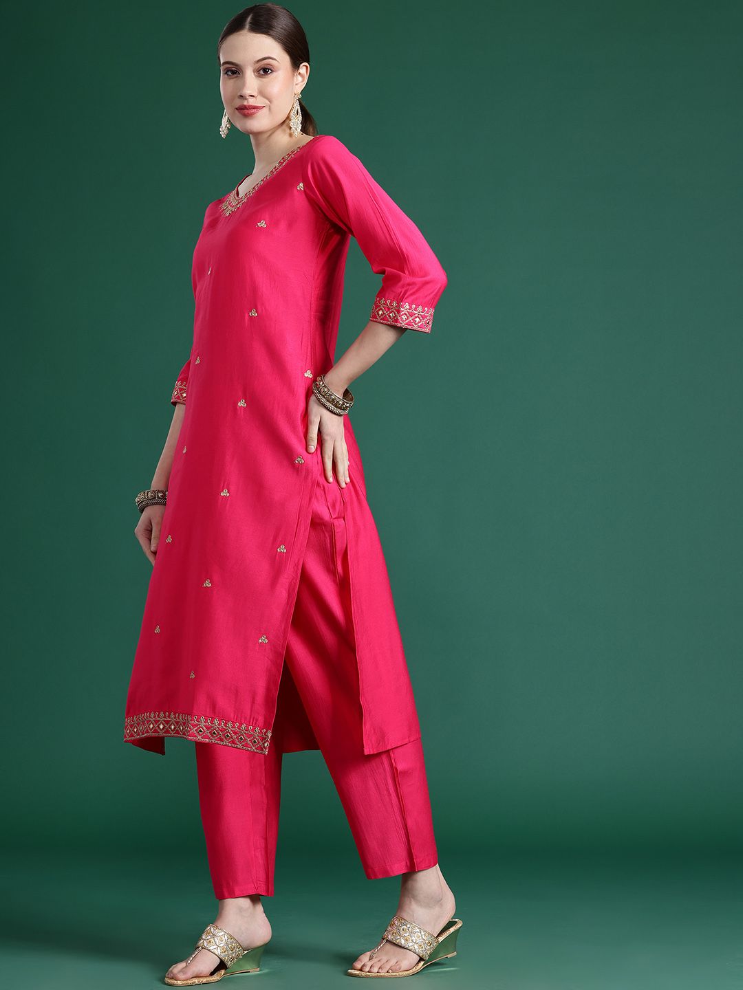 Dhiyona IE Embroidered Zari Liva Kurta With Trousers & Dupatta