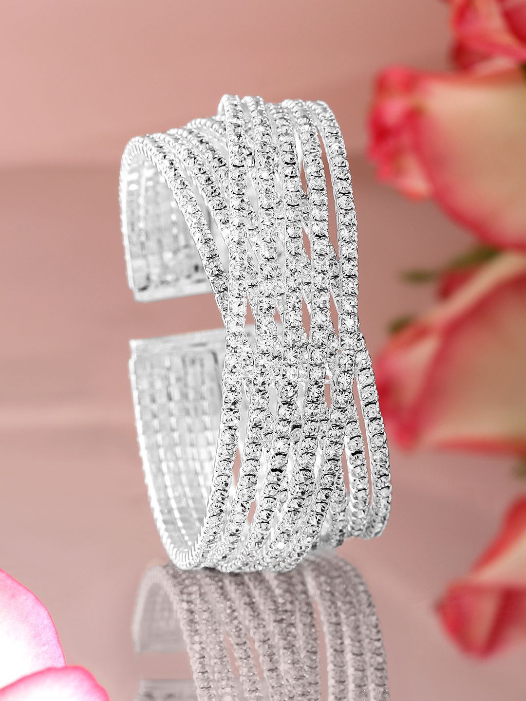 Dhiyona RJ Women's Rhodium-Plated Cubic Zirconia Stone Studded Cuff Openable Bracelet