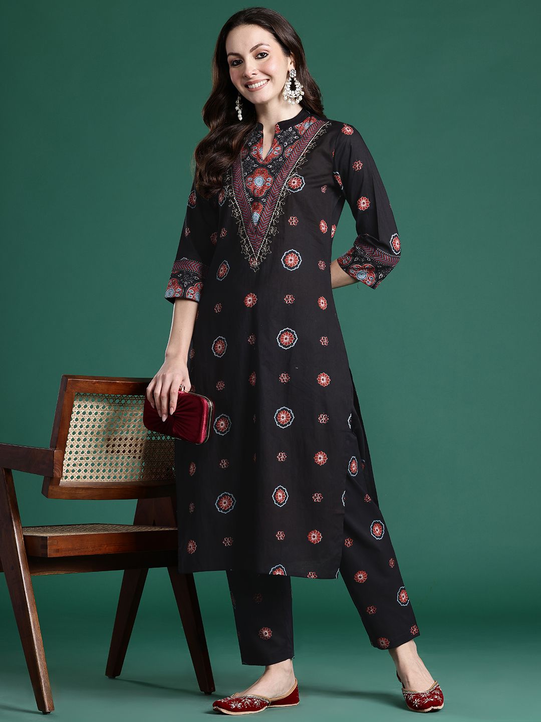 Ethnic Motifs Printed Beads & Stones Pure Cotton Kurta with Trousers