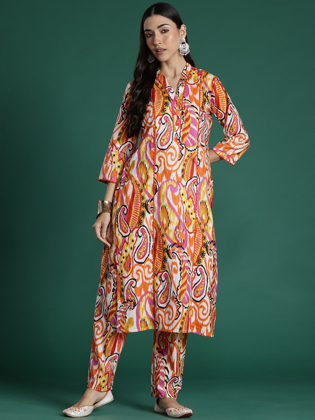 Women Paisley Printed Panelled Pure Cotton Kurta with Trousers