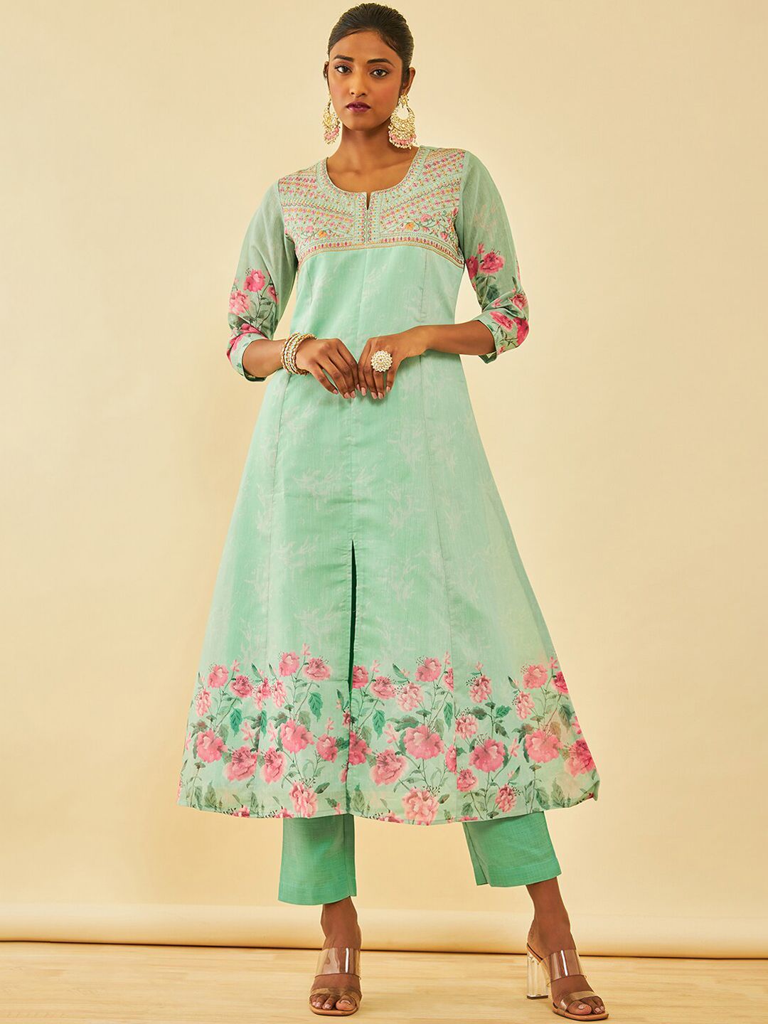 Dhiyona SO Women's Floral Printed Regular Thread Work Chanderi Silk Kurta with Trousers & Dupatta