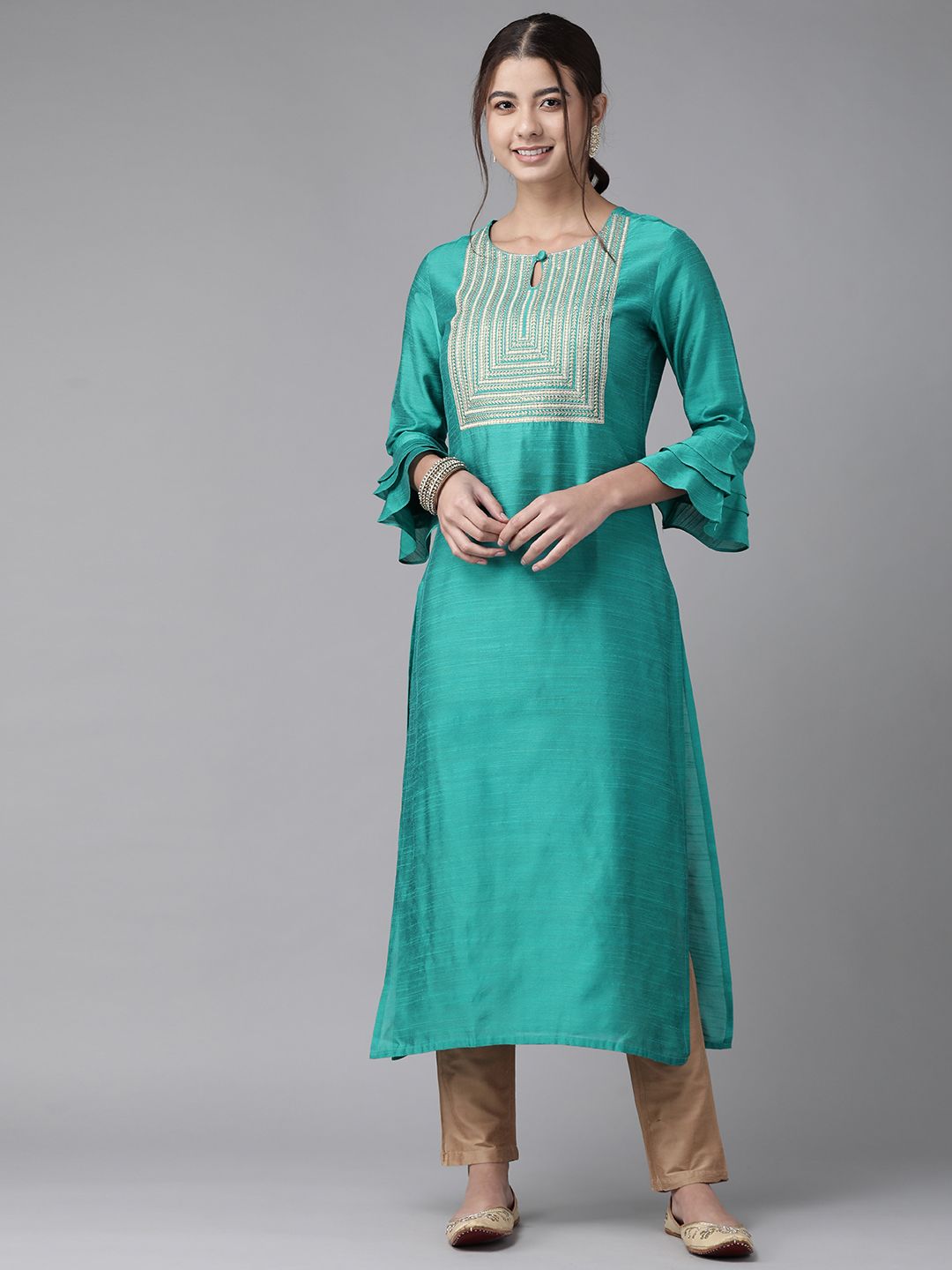 Dhiyona IE Women Sea Green Yoke Design Keyhole Neck Flared Sleeves Chanderi Silk Chanderi Silk Kurta
