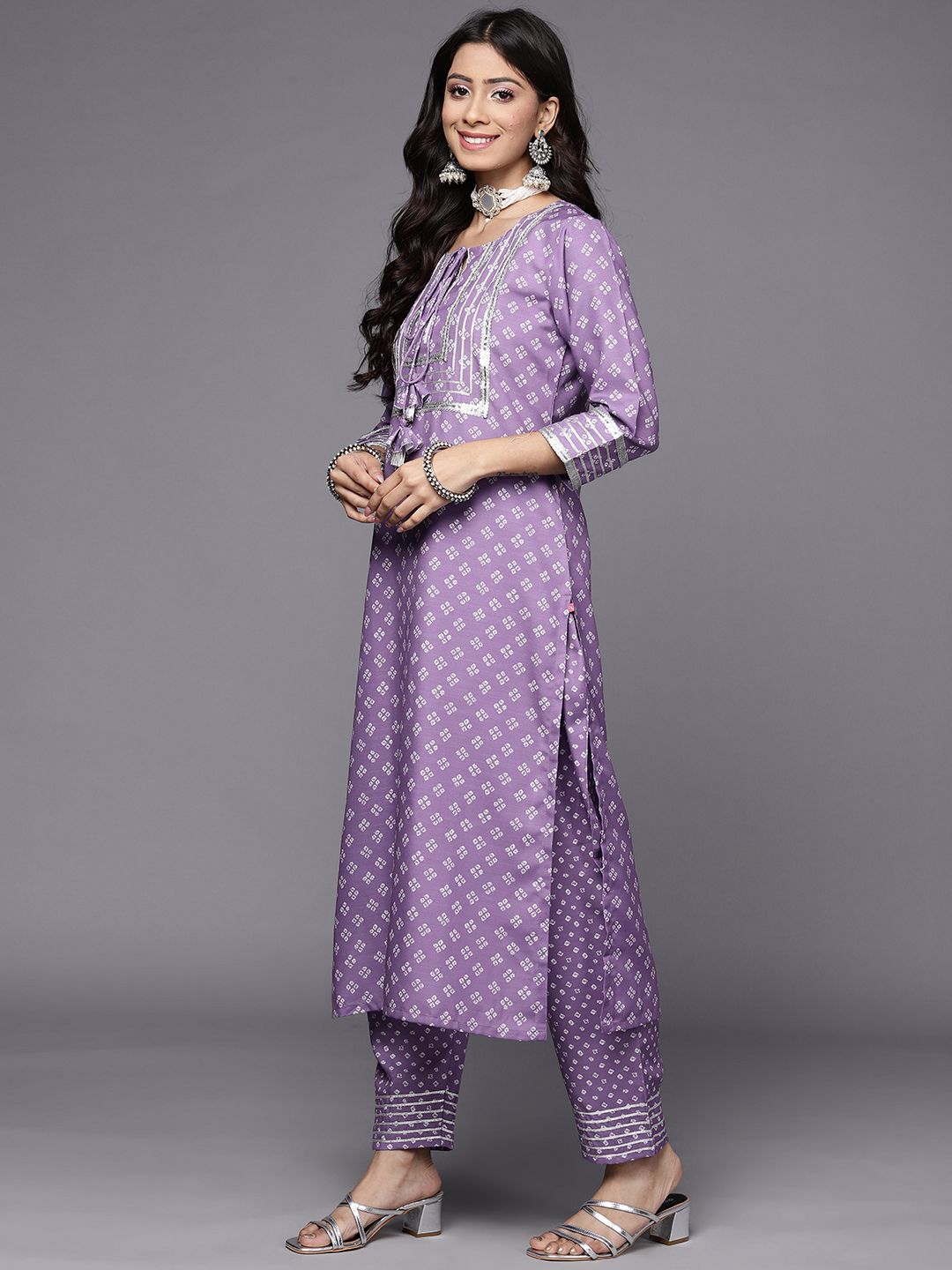 Dhiyona VA Women's Purple Bandhani Printed Kurta with Trousers & With Dupatta