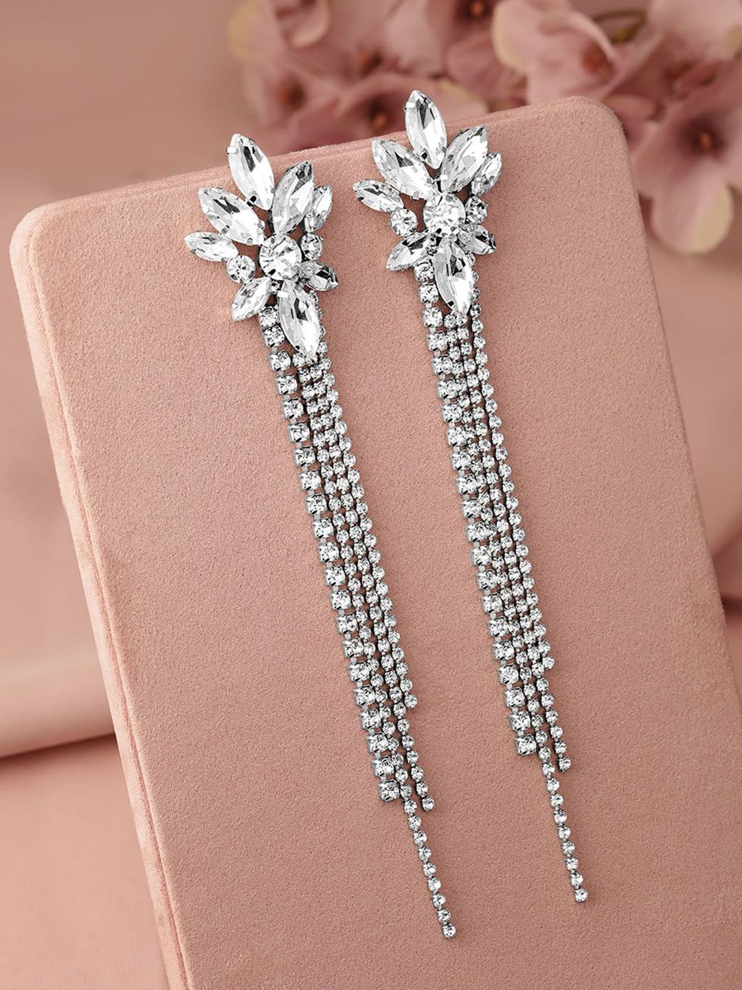 Dhiyona RJ Women's Rhodium Plated Crystal AD & Zirconia Studded MultiLayer Shoulder Drop Earrings