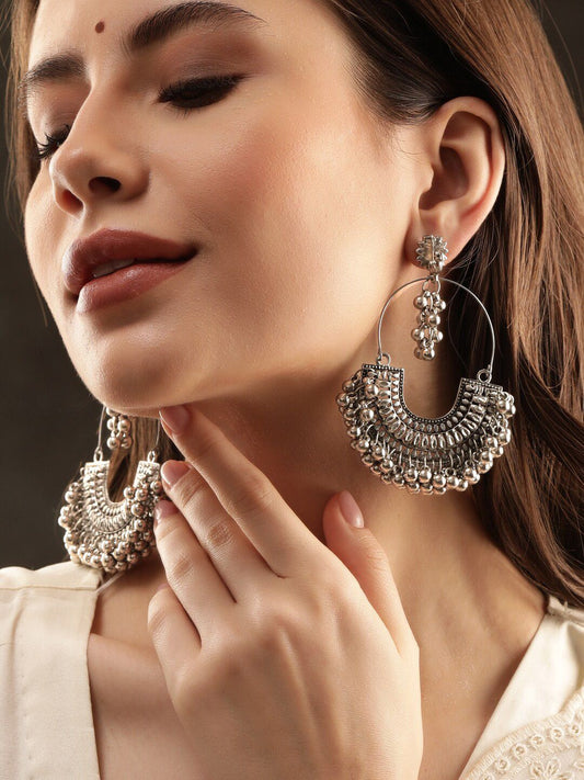 Dhiyona RJ Women's Silver-Plated Beaded Oxidised Crescent Shaped Chandbalis Earrings