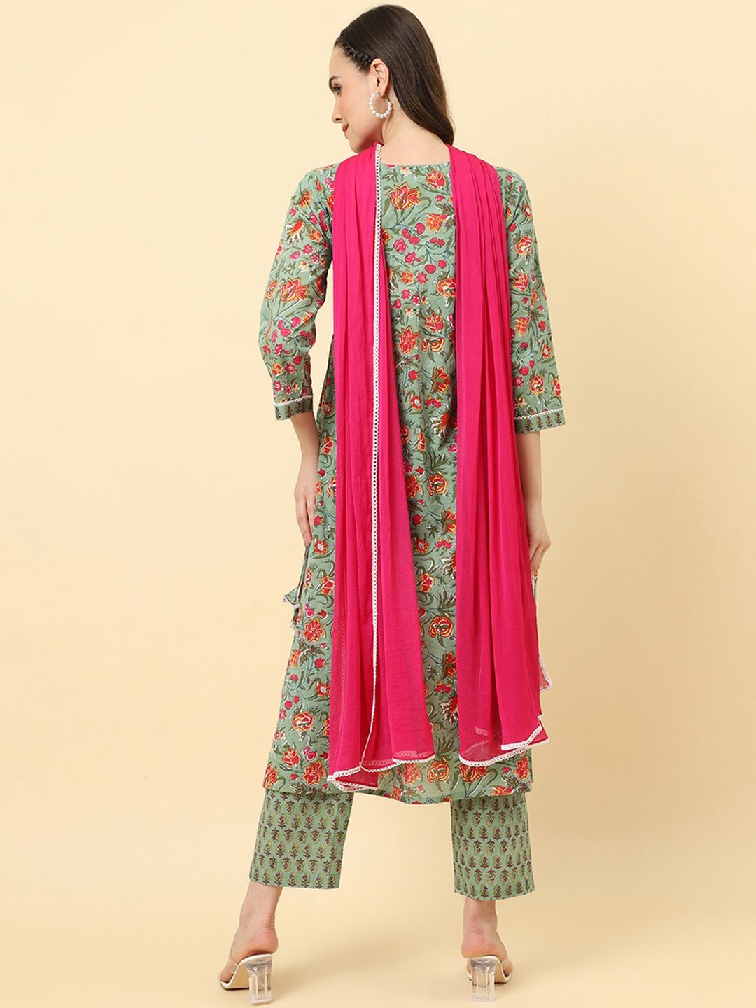 Dhiyona VA Women'sFloral Printed A-Line Pleated Pure Cotton Kurta with Trousers & Dupatta