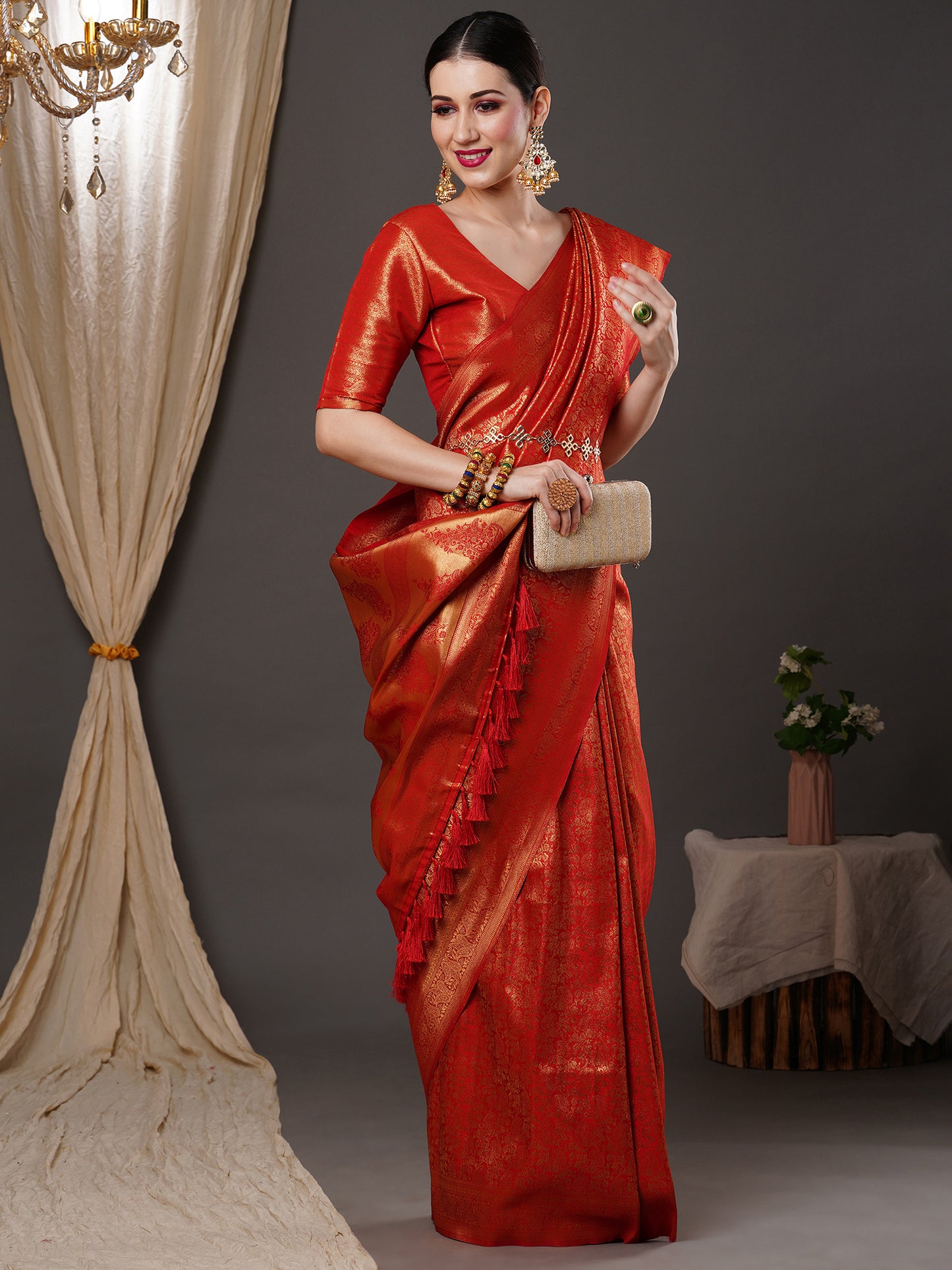 Women's Silk Blend Red Woven Design Designer Saree With Blouse Piece
