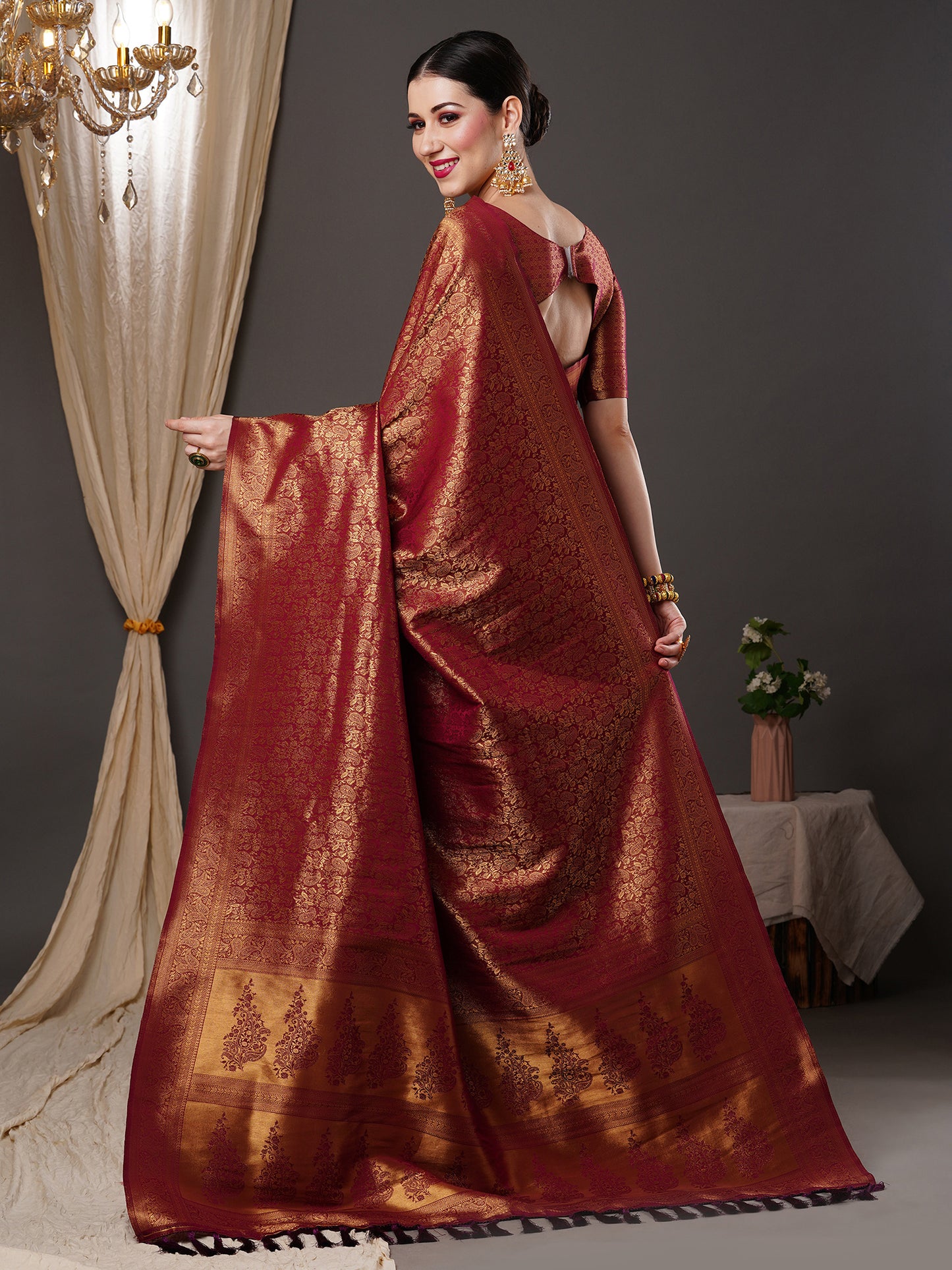 Women's Silk Blend Burgundy Woven Design Designer Saree With Blouse Piece
