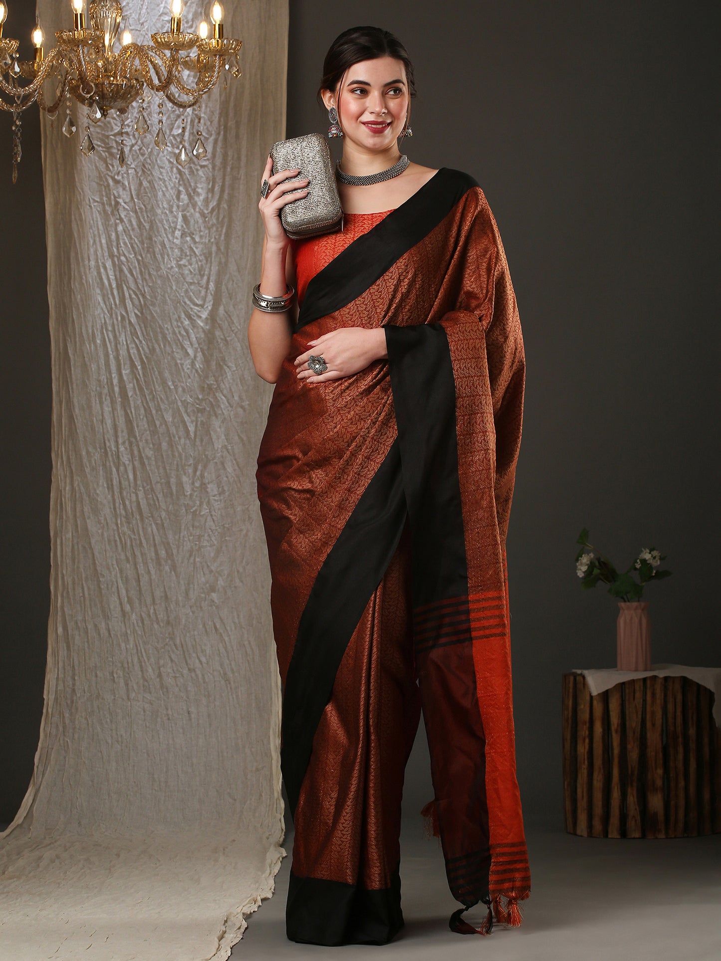 Women's Aura Silk Brown Woven Design Designer Saree With Blouse Piece