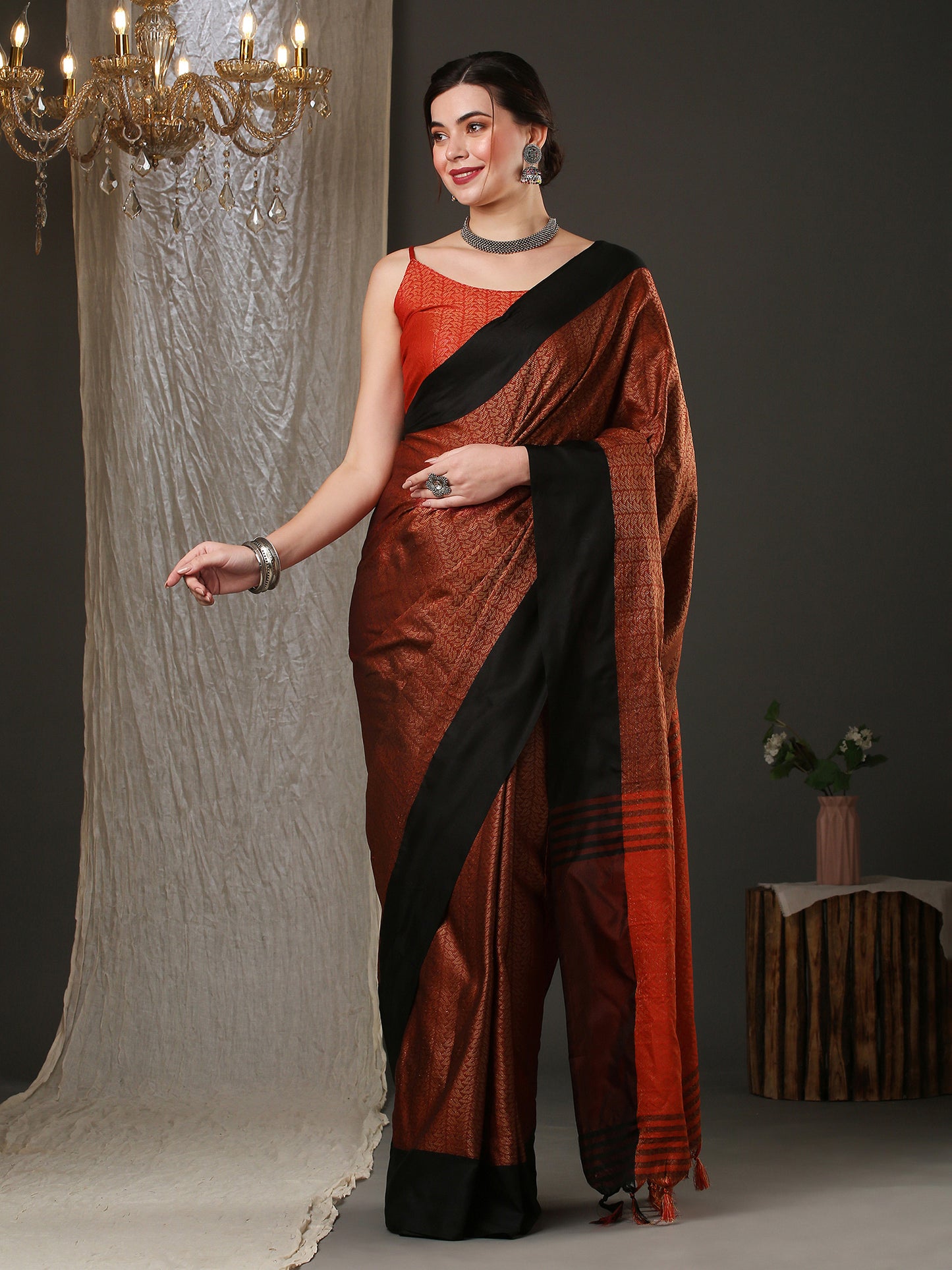 Women's Aura Silk Brown Woven Design Designer Saree With Blouse Piece