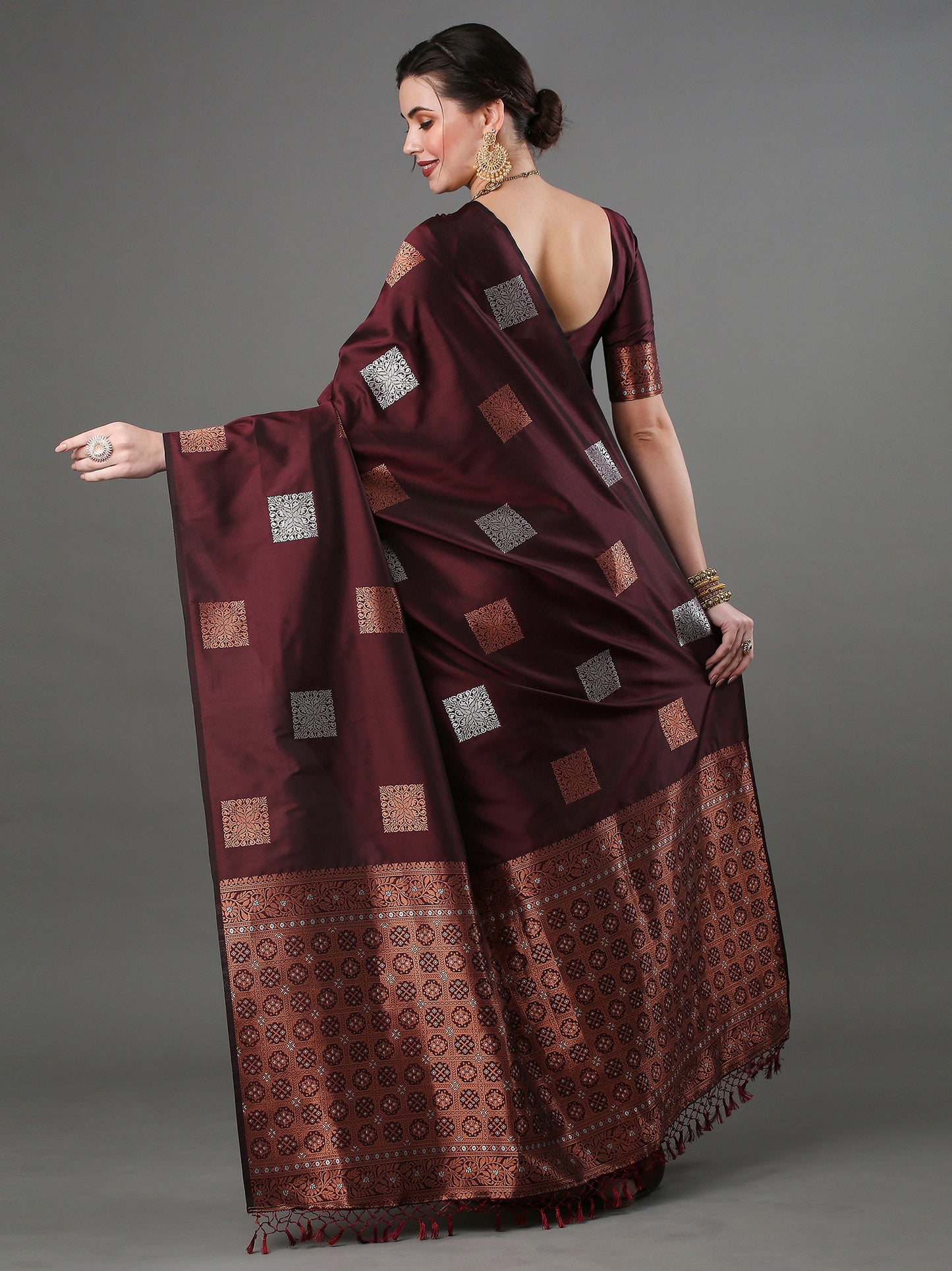 Women's Silk Blend Brown Woven Design Designer Saree With Blouse Piece