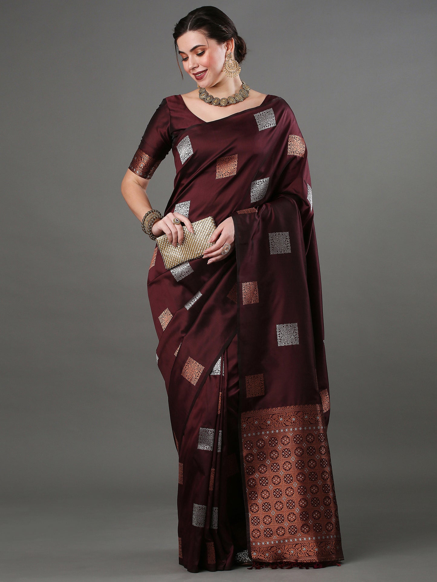 Women's Silk Blend Brown Woven Design Designer Saree With Blouse Piece