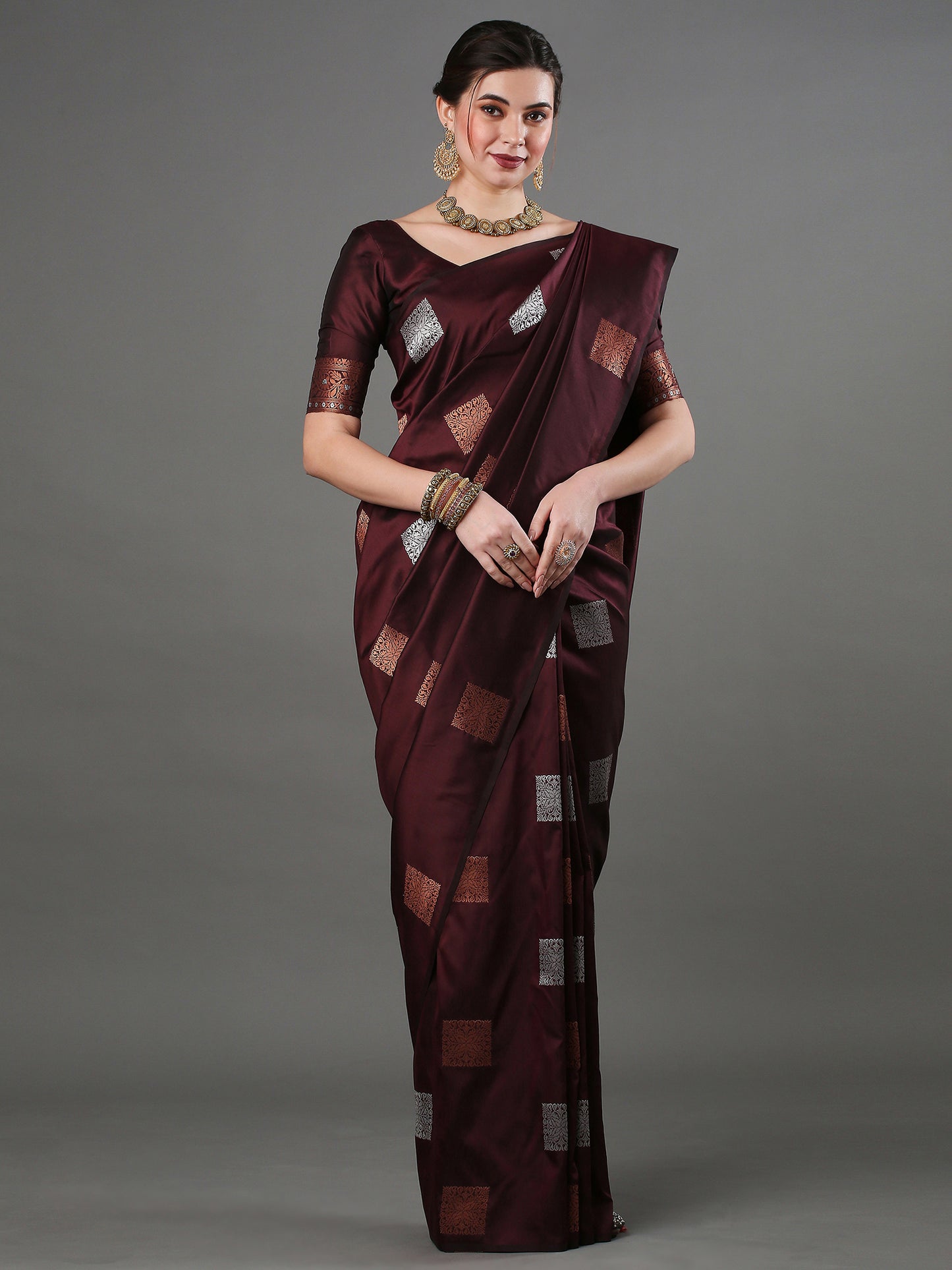 Women's Silk Blend Brown Woven Design Designer Saree With Blouse Piece