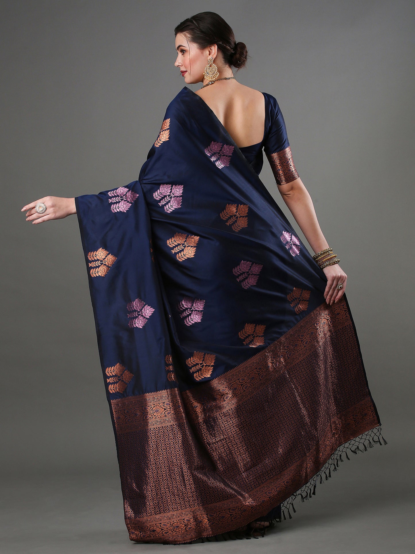 Women's Silk Blend Navy Blue Woven Design Designer Saree With Blouse Piece